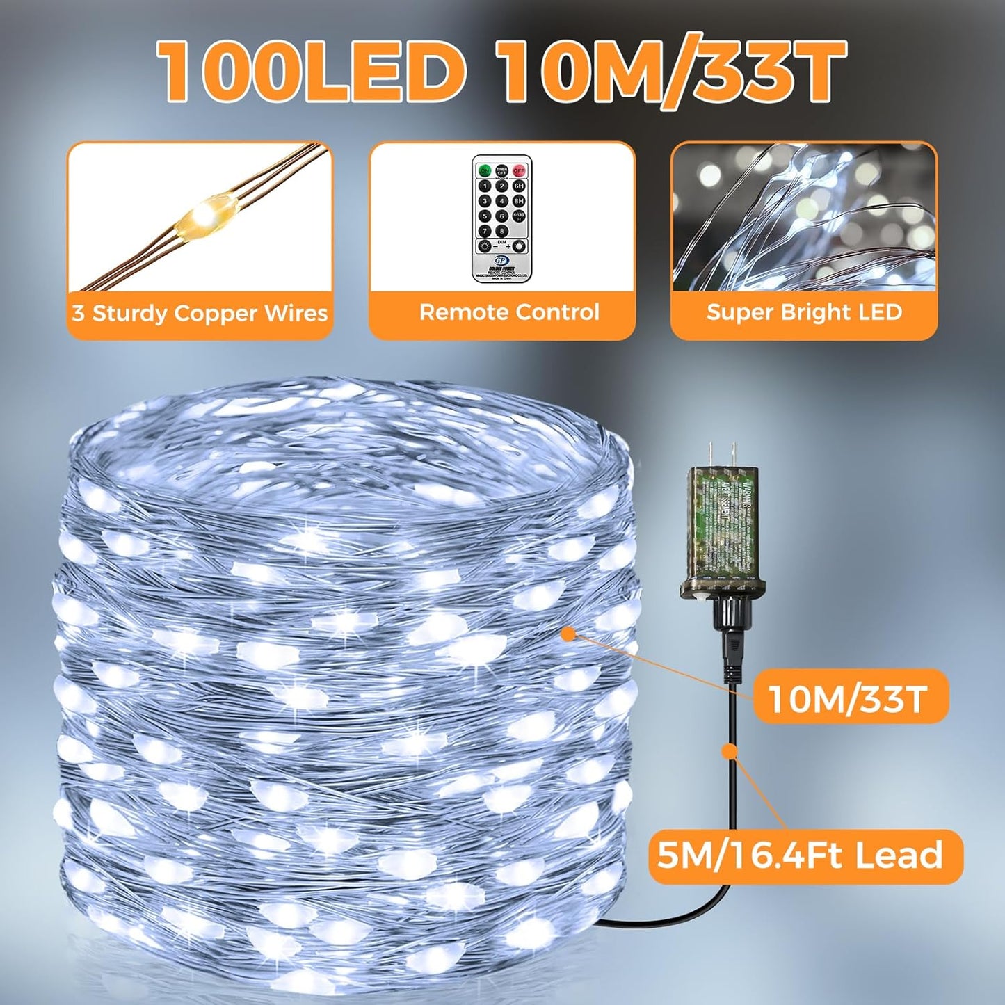 btfarm Fairy Lights Plug in with Remote, 33FT 100 LED Outdoor Twinkle Lights Waterproof with Timer, 8 Modes Indoor String Lights for Bedroom Patio Garden Wedding Christmas Decoration, Cool White