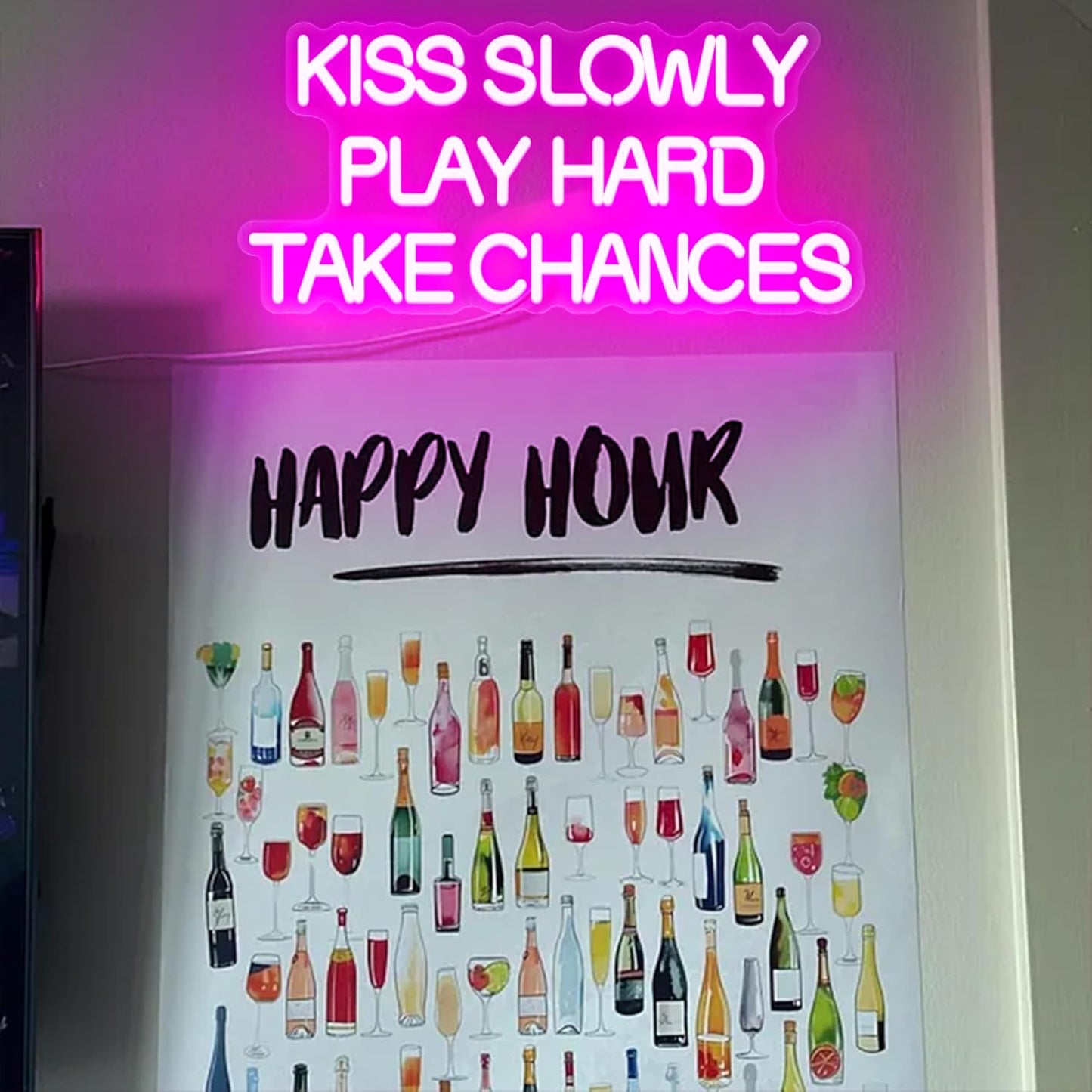Kiss Slowly Play Hard Take Chances Neon Sign Pink LED Light Inspirational Wall Decor Motivational Gift for Bedroom Living Room Party Home