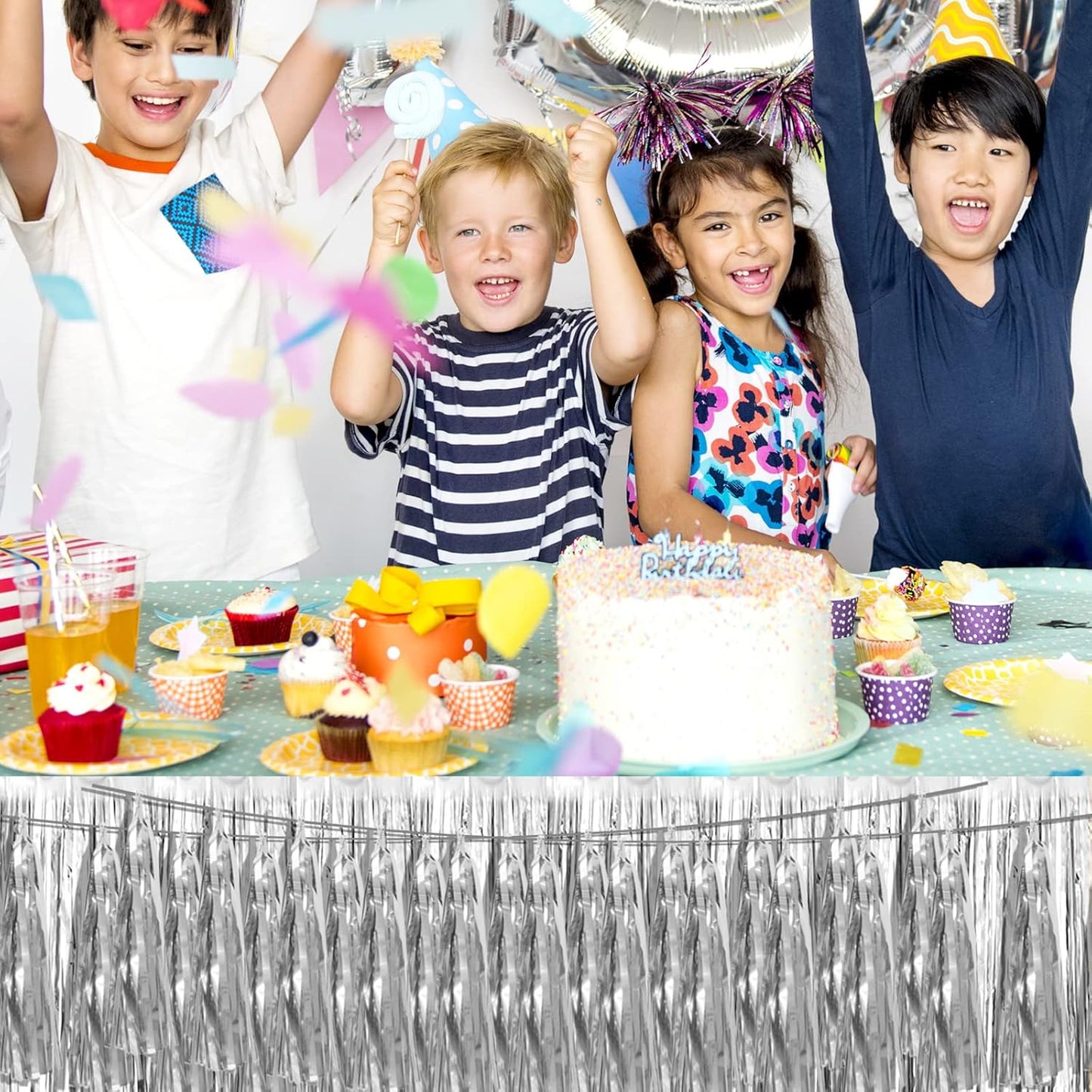 4P Silver Foil Fringe Metallic Tassel Streamers Banner Tassel Garland for Parade Floats, Bachelorette, Wedding, Birthday, Halloween, Christmas, Bridal/Baby Shower Party Decorations