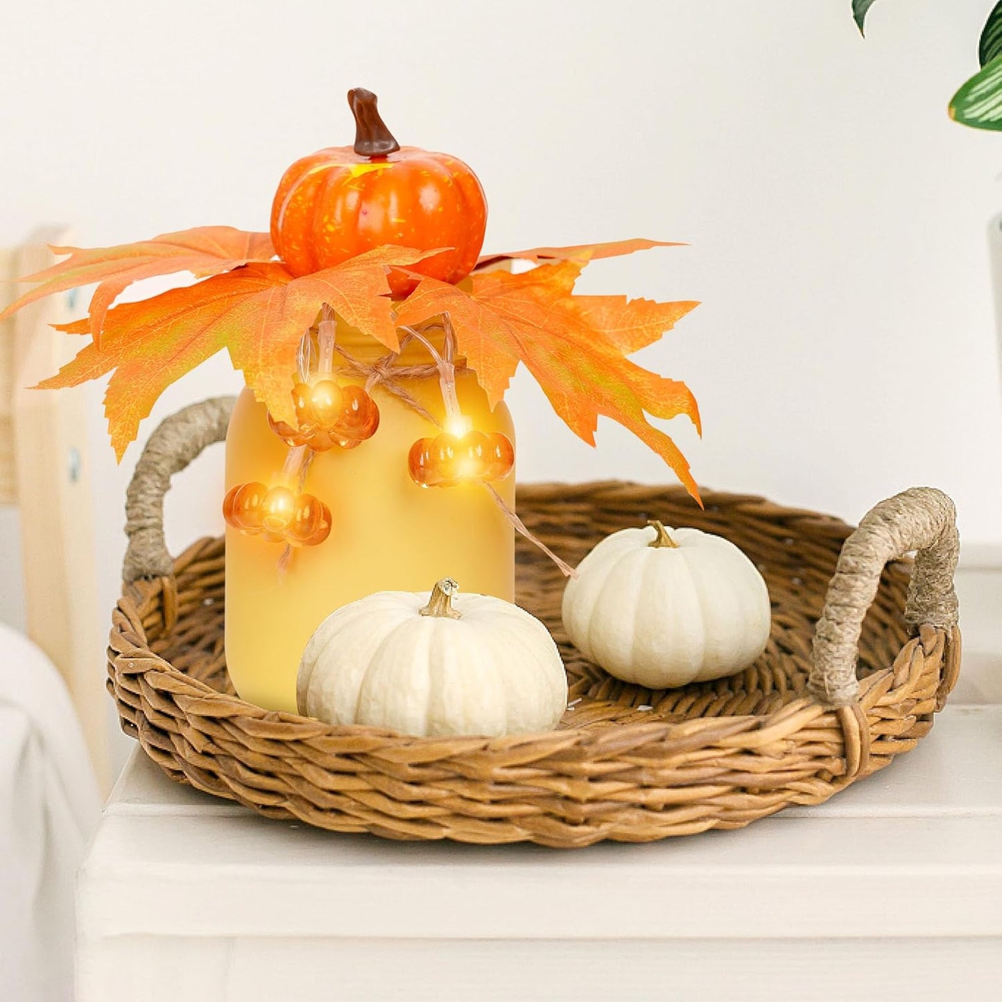 Thanksgiving Decorations Indoor 3 PCS, Thanksgiving Table Decor with Wooden Boxes, Thanksgiving Fall Centerpiece Mason Jars with Pumpkin Decor Lights for Home, Office, Kitchen