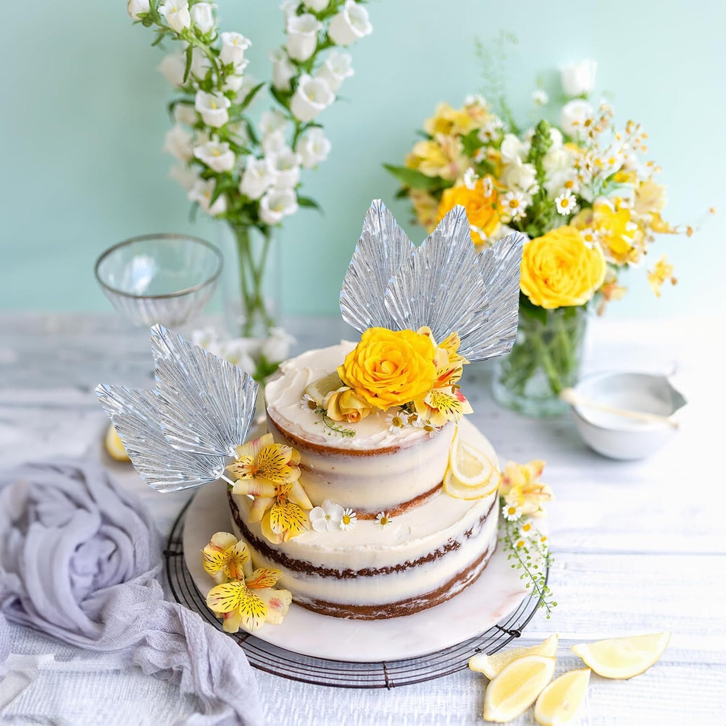 Ephlyn 6Pcs Paper Palm Leaves Fan Cake Toppers Palm Leaf Fan Cake Picks Craft DIY Fan Cupcake Toppers Palm Spear Leaves Cake Decorations for Baby Shower Wedding Birthday Party Supplies Bright Silver