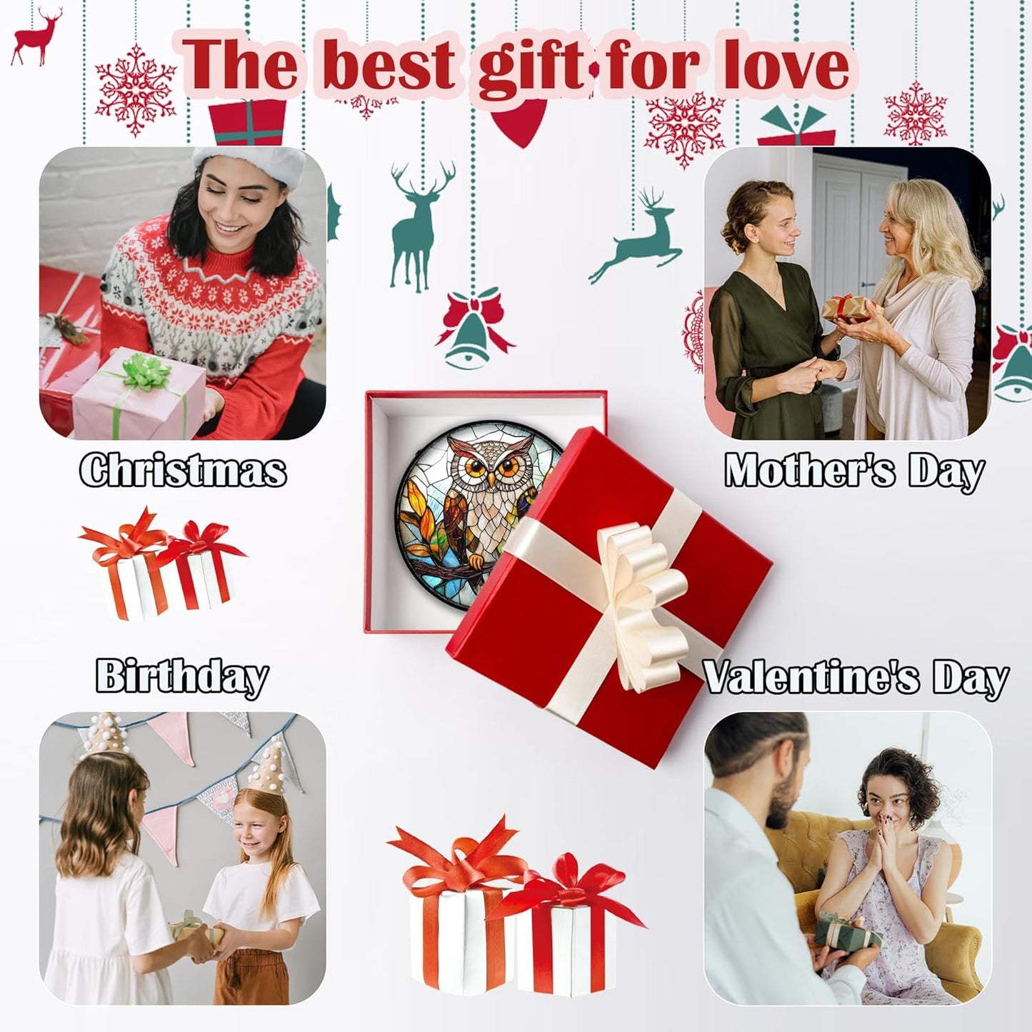 Stained Glass Window Hanging, Owl Colorful Leaves Birds Sun Catchers Diamond Glass Panel Hangings Suncatcher Decor for Birthday for Women, Men, Wife, Aunt, and Mom 9.8 in