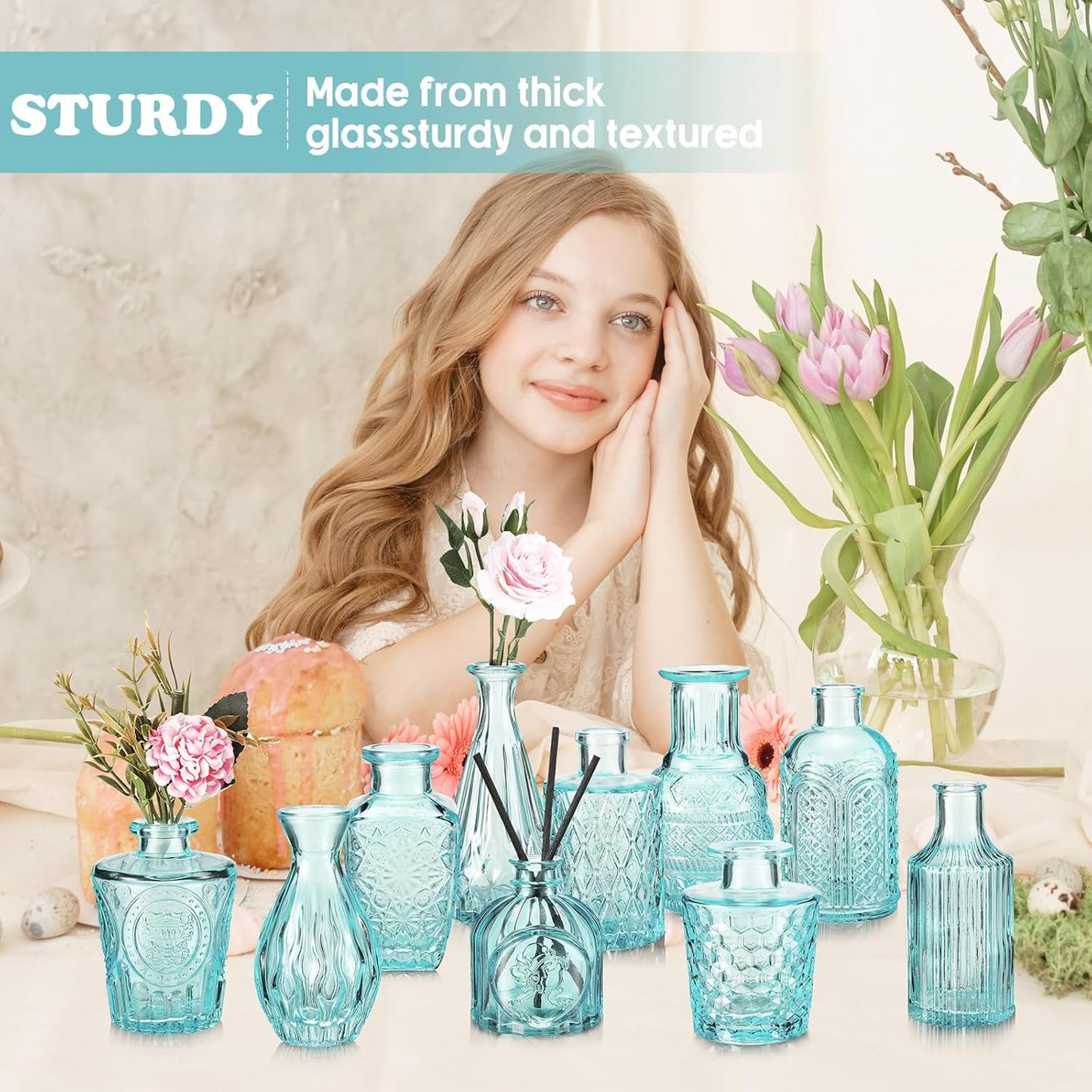 20 Pcs Glass Bud Vase Set Small Vintage Flower Vase in Bulk for Centerpieces Rustic Decorative Glass for Wedding Table Home Christmas Decoration (Light Blue)