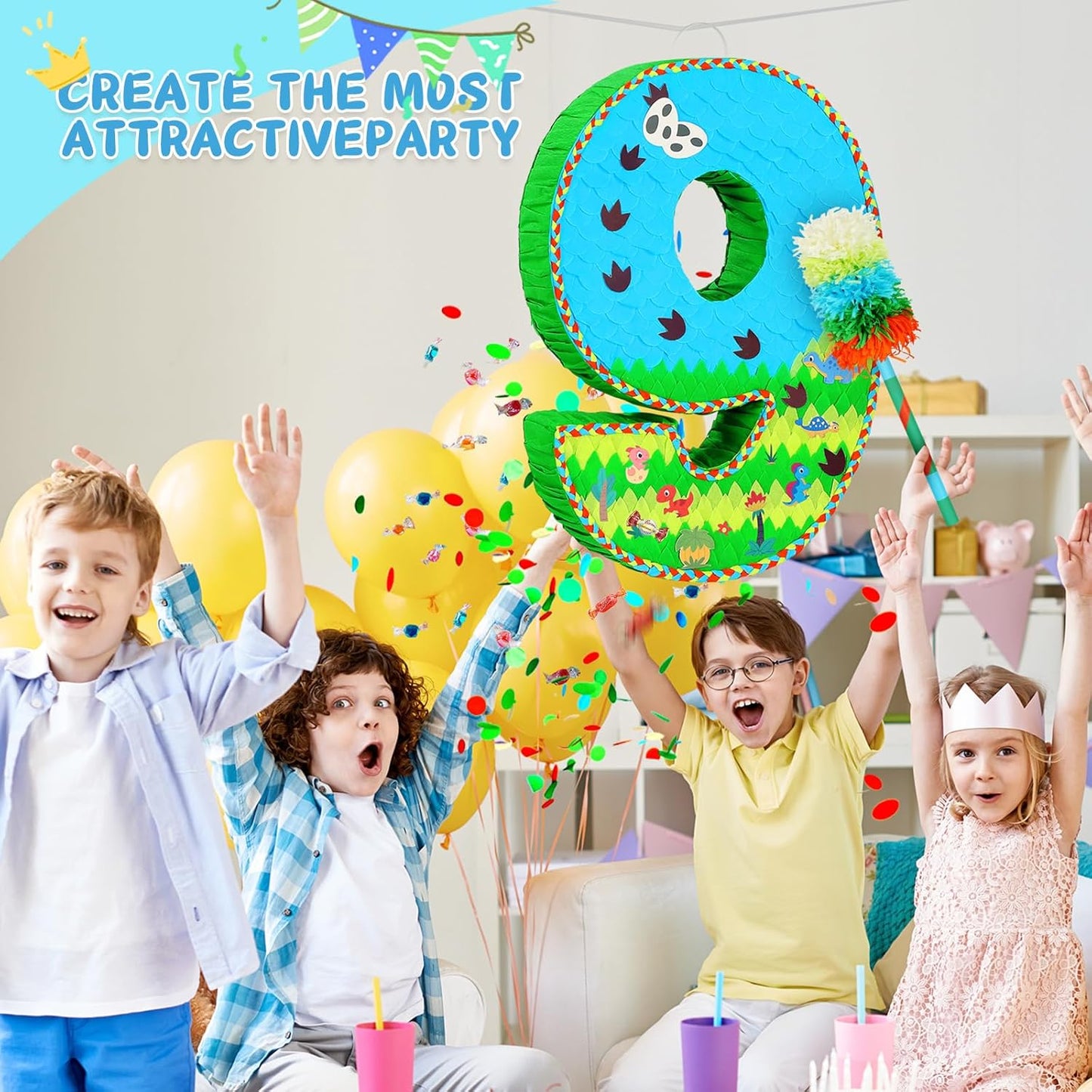 Number 9 Pinata for Birthday Party Decorations, Jungle Dinosaur Piñata Games Toy (9th)