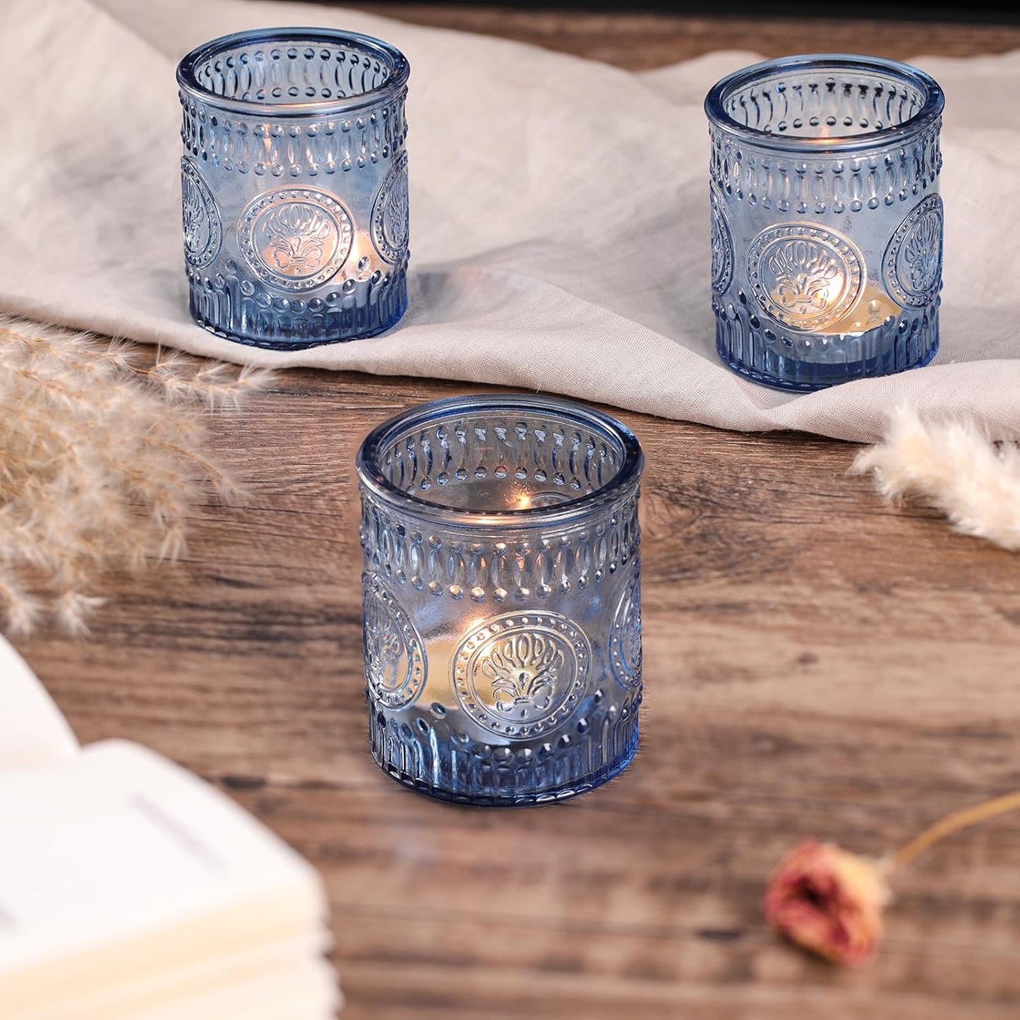 24 Pcs Blue Votive Candle Holders, Glass Tealight Candle Holders for Home Decor, Wedding Table Centerpiece, Birdal Shower, Party