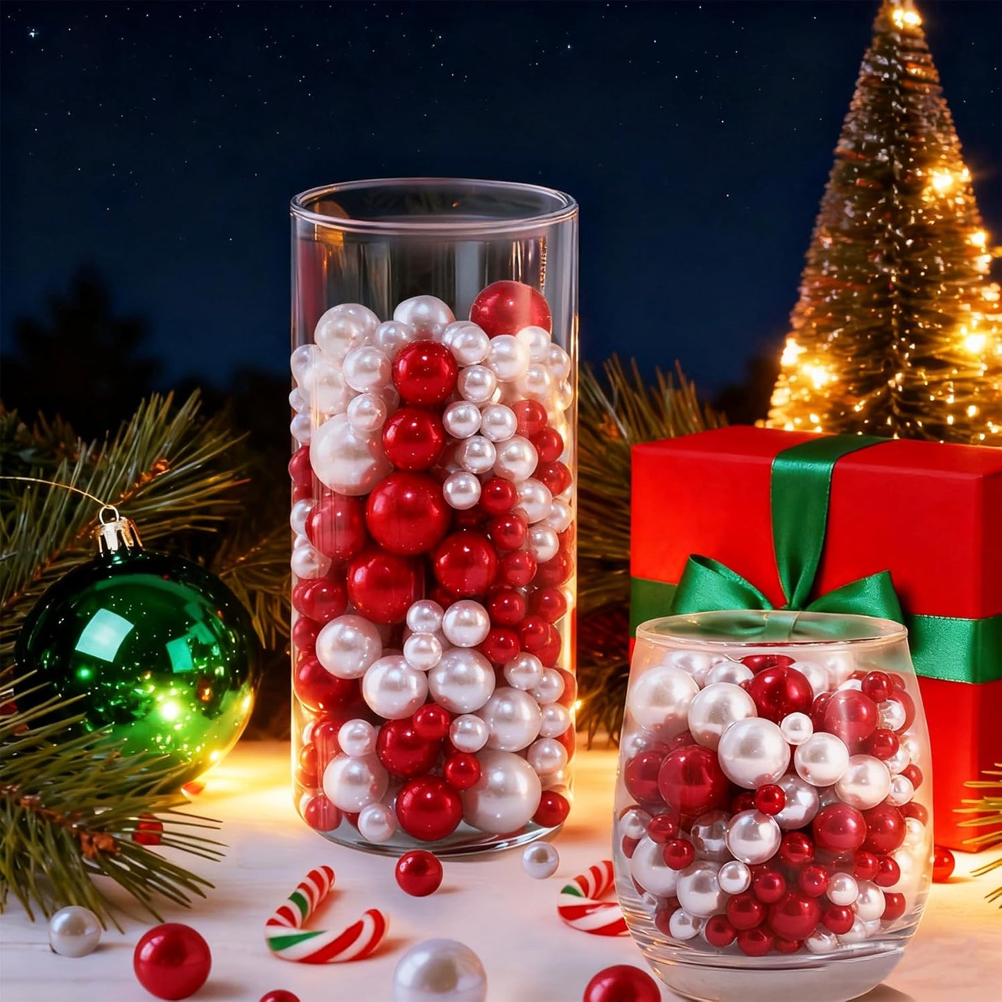 260Pcs Red&White Glossy Beads for Centerpiece Decor, Artifical Pearls Vase Filler, No Hole Round Pearl Beads for Wedding Birthday Christmas Party Home Decor(18mm 14mm 6mm)