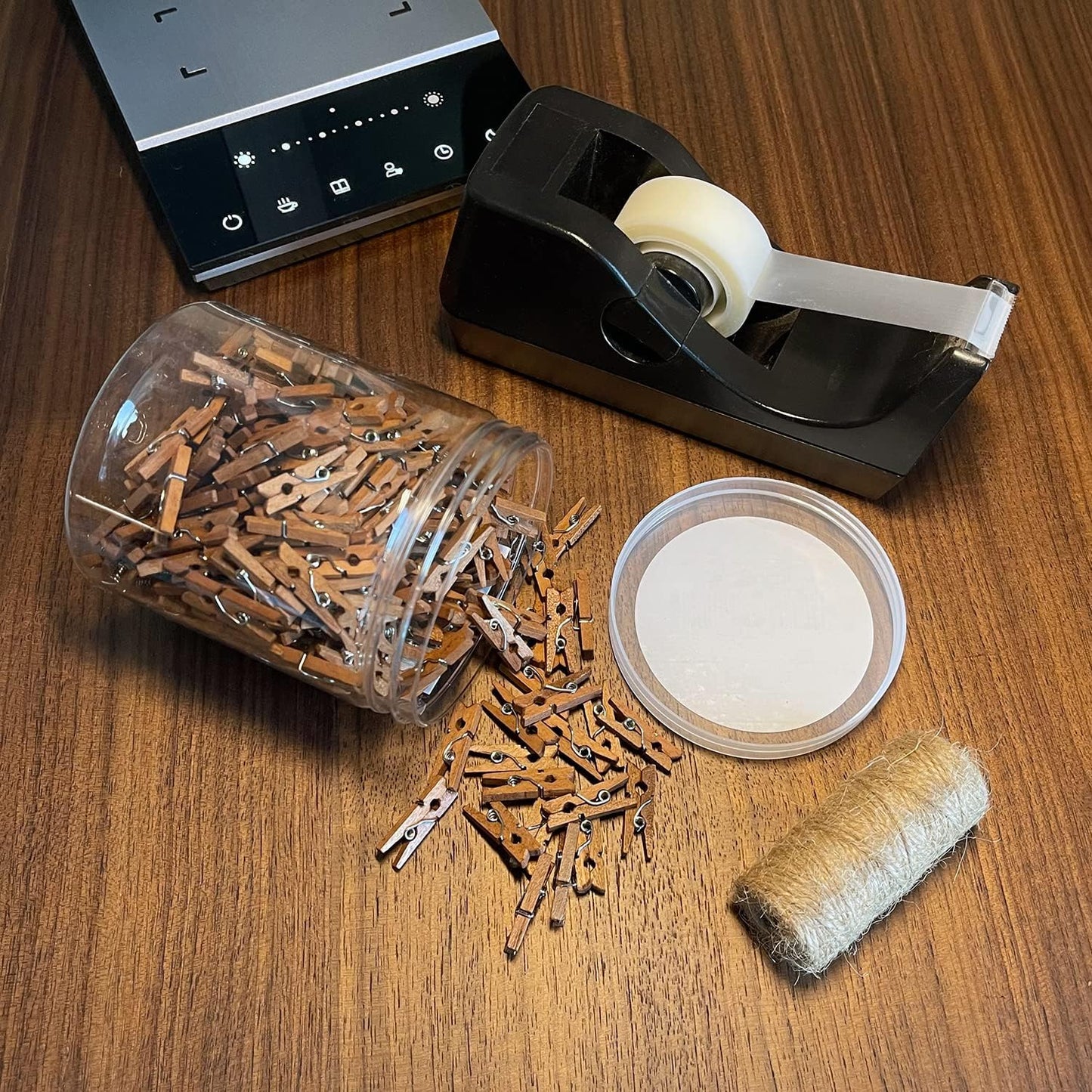 Mini Natural Wooden Clothespins with Jute Twine, 250pcs, 1 Inch Photo Paper Peg Pin Craft Clips with 66ft Natural Twine for Scrapbooking, Arts & Crafts, Hanging Photos (Rustic Brown)