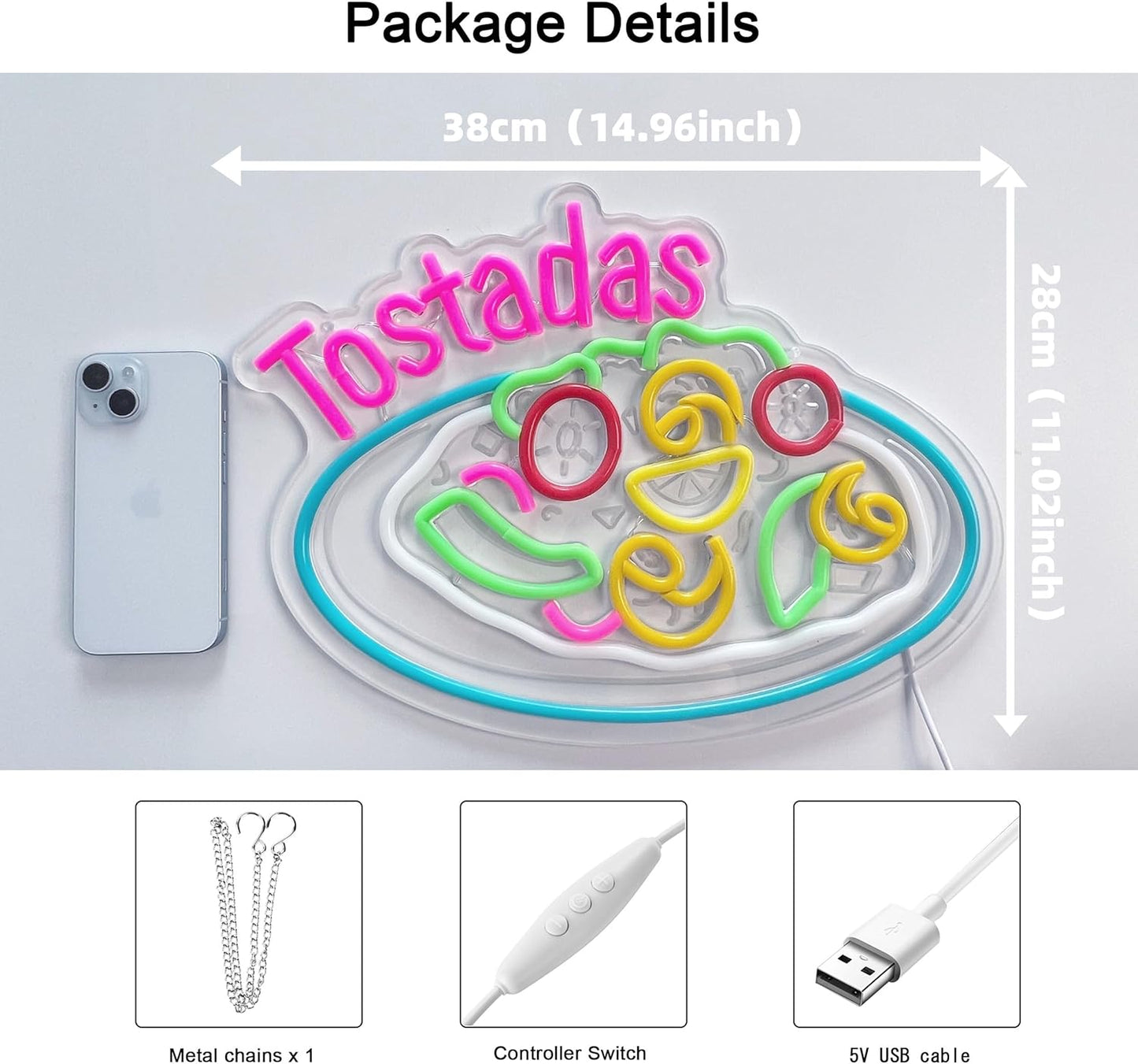 CNBEYOUNG Tostadas Neon Sign, Neon Lights Hanging Wall Art Decoration for Mexican Restaurant Diner Cafés Kitchen Celebration Home Decor, USB Powered Ultra Bright Dimmable,14.96×11.02inches