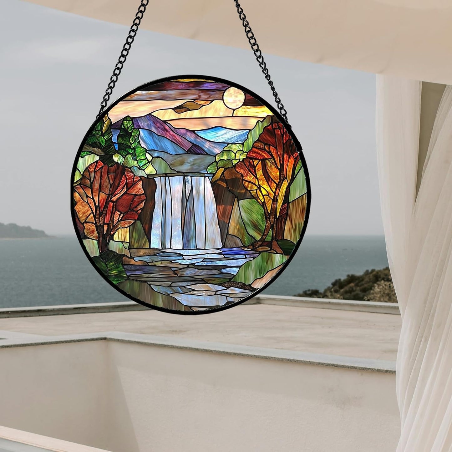 Stained Glass Window Hanging, Abstract Landscape Waterfall Mountains Trees Suncatcher for Doors Window Home Sun Catchers Decor Mother's Day Birthday Gifts for Women Men Mom 11.8 in