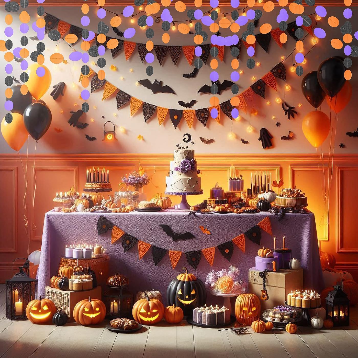 Black-Orange-Purple Halloween Party-Decorations - 52Ft Paper Garland Streamers Backdrop Graduation Wedding Birthday Banner Baby Shower Halloween Decorations Hanging Décor HongTongTong