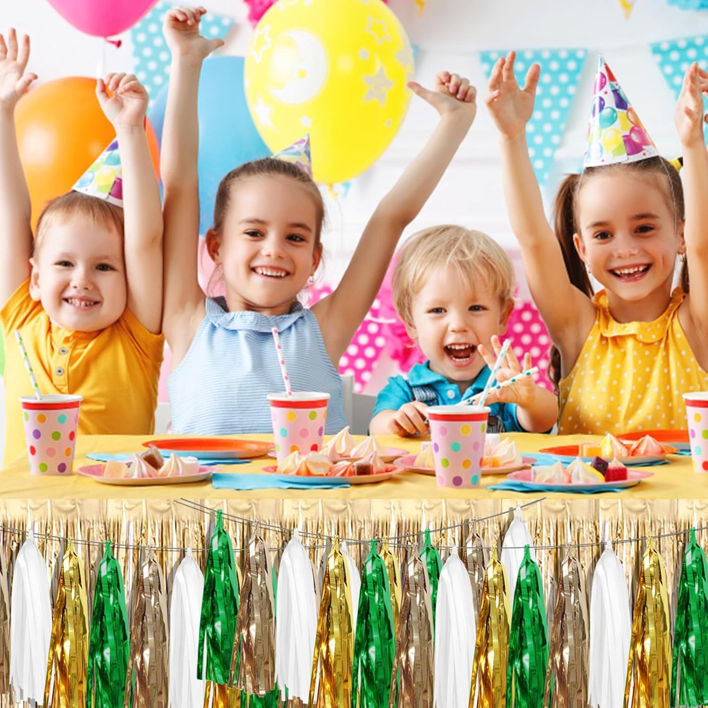 8P Sage-Green Beige-Mint Gold Foil Fringe Metallic Tassel Garland Banner, Tassels Banner Streamers for Parade Floats, Bachelorette, Wedding, Birthday, Christmas, Bridal/Baby Shower Party Decorations