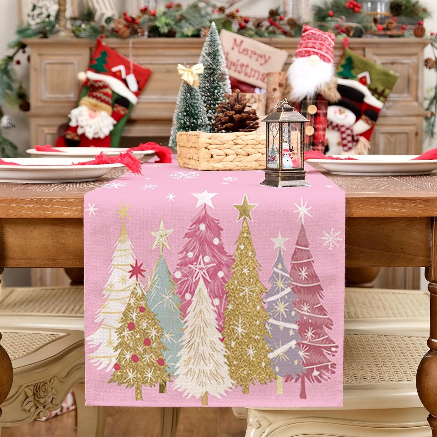 GEEORY Christmas Table Runner 13x120 Inch, Xmas Trees Snowflakes Holiday Decorative Farmhouse Table Decoration for Kitchen Dinning, Indoor Outdoor Dinner Party Decor (Pink) GT153-120