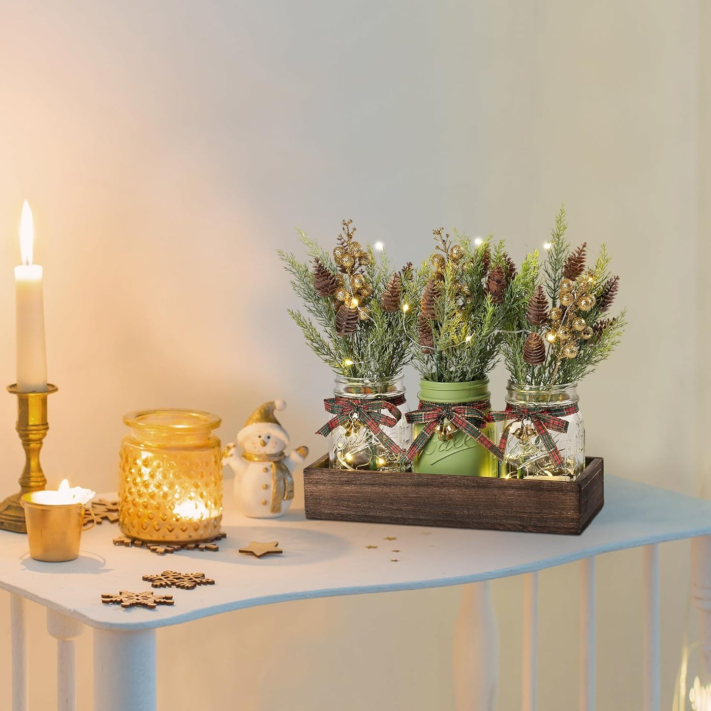 3 Pcs Mason Jar Centerpiece Decorations for Christmas Table Decor Farmhouse Coffee Table Decor Christmas Kitchen and Room Decor,Green