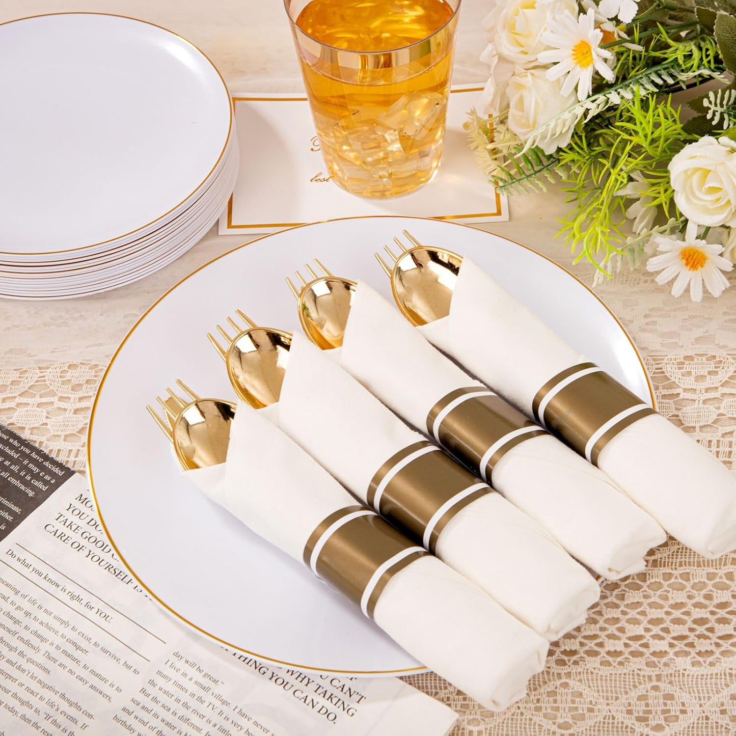 KIRE 350 PCS White and Gold Plates Disposable - Elegant Dinnerware Set of 50 Guest, White Plastic Plates With Gold Rim, Pre Rolled Napkins with Silverware & Cups for Thanksgiving Party/Wedding
