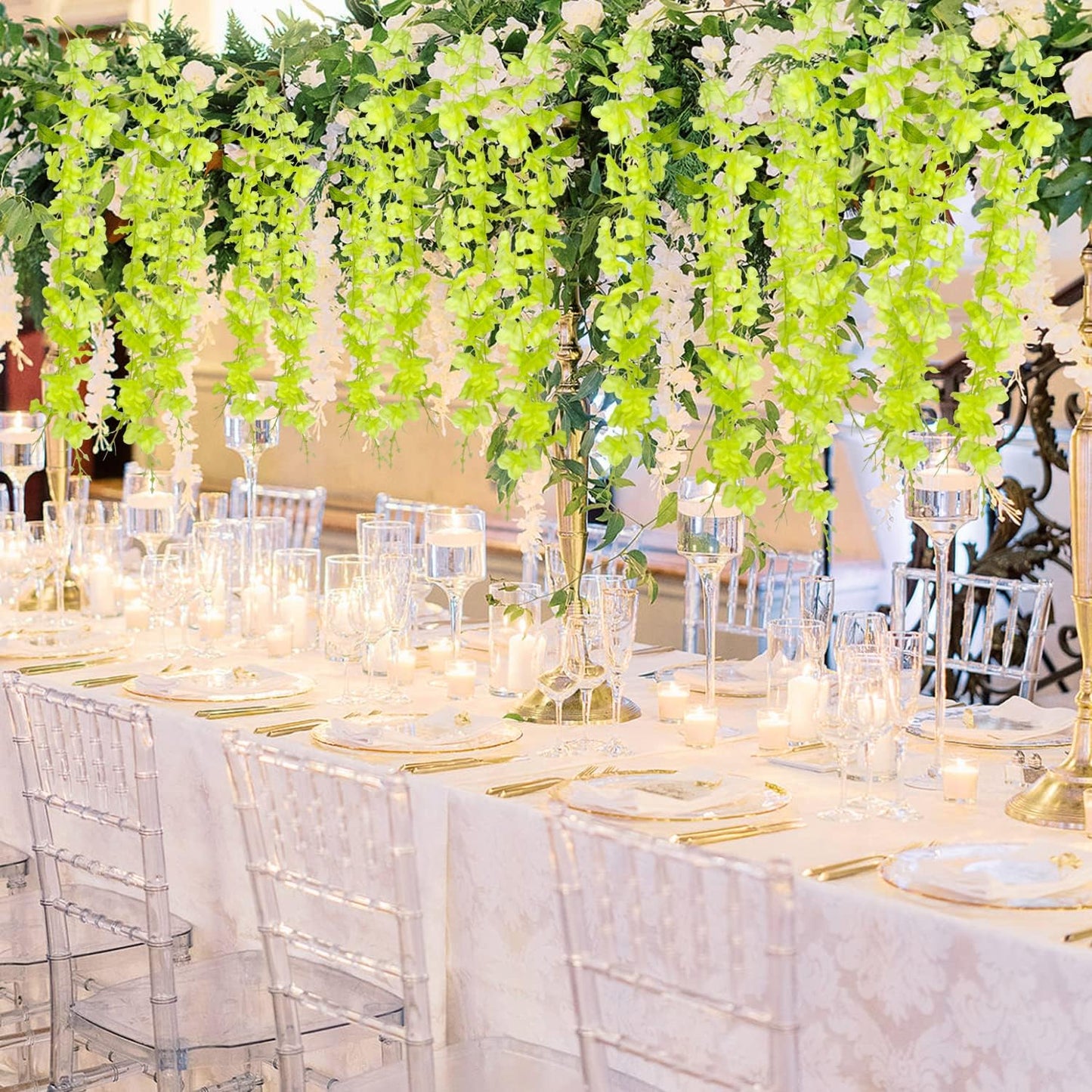 24 Pack Artificial Fake Wisteria Vine Ratta (3.75 Feet) Hanging Garland Silk Flowers String Home Party Wedding Decor (Green)