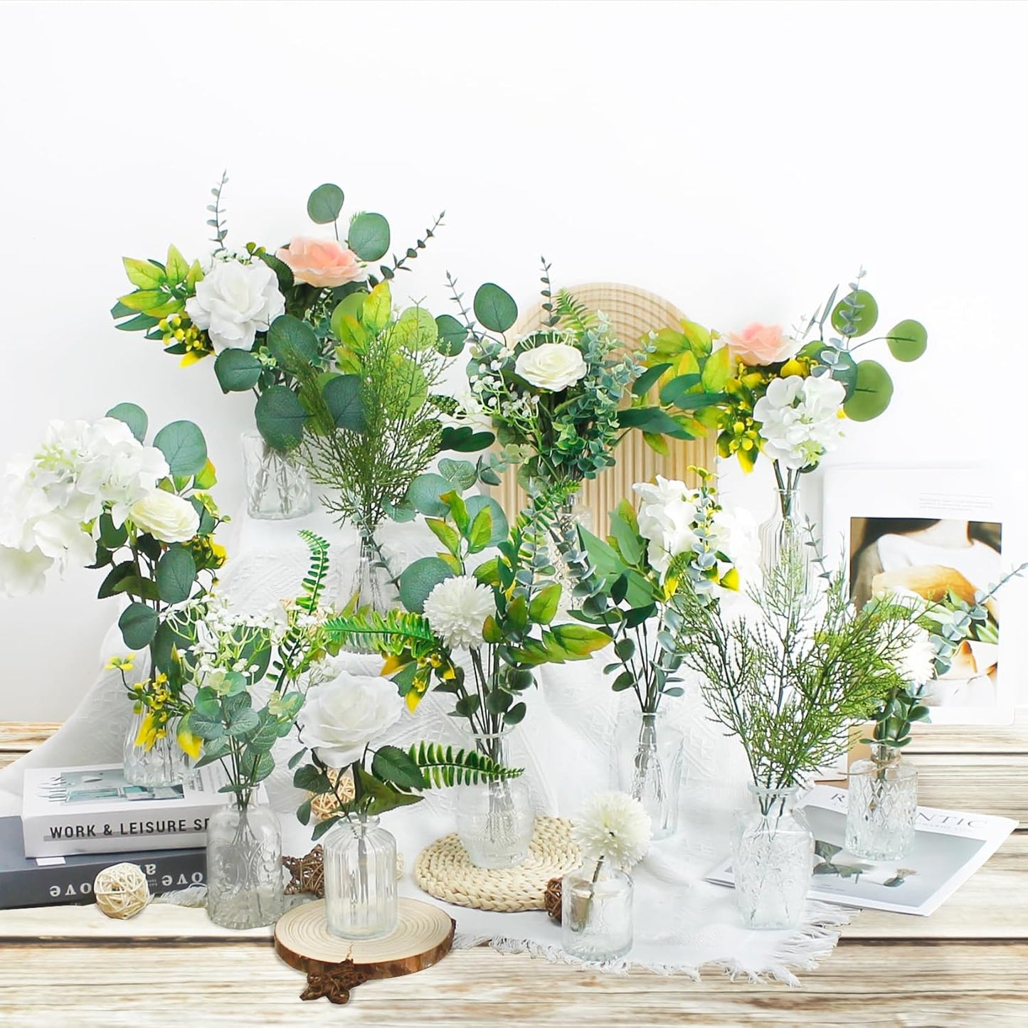 114Pcs Artificial Flowers in Vases Set, Fake Flower Greenery Stem Bulk Sets with 12Pcs Glass Bud Vases, Artificial Plants & Flowers for Wedding Centerpiece Table Decorations