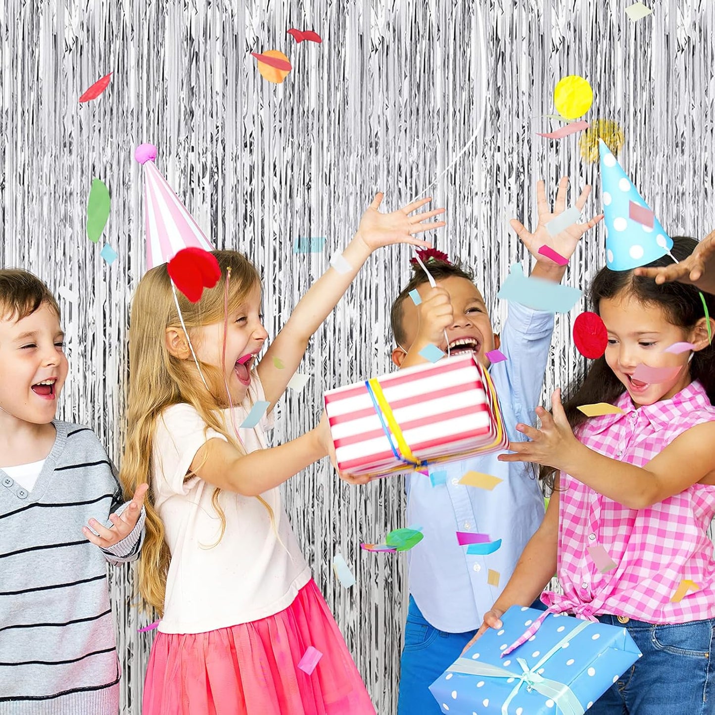 10 Pack Silver Backdrop Curtain 3.2ft x 8.2ft Metallic Tinsel Foil Fringe Curtains Photo Booth Background for Birthday Party Decoration Baby Shower Engagement Wedding Christmas Decoration (Silver)