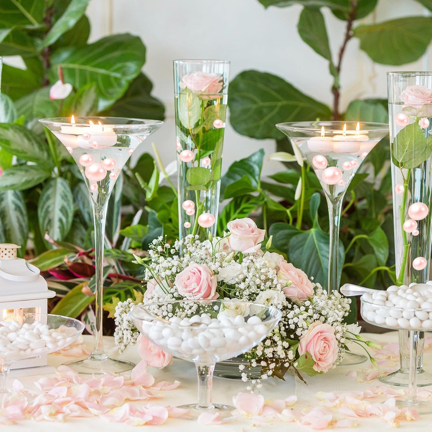 100PCS Light Pink Faux Pearls Beads for Centerpiece Vases, Vase Filler Faux Pearls, No Holes Filler Beads for Easter Party Anniversary Birthday Wedding Table Decor, 14/20/30mm