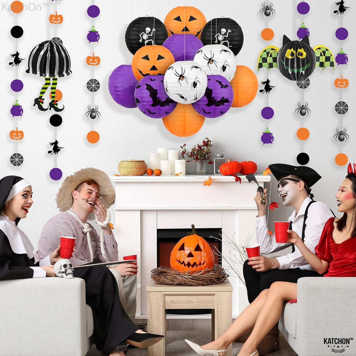 KatchOn, Halloween Hanging Paper Lanterns Set - Pack of 15 | Halloween Paper Lanterns, Halloween Honeycomb Decorations for Halloween Decorations | Halloween Garland for Halloween Party Decorations