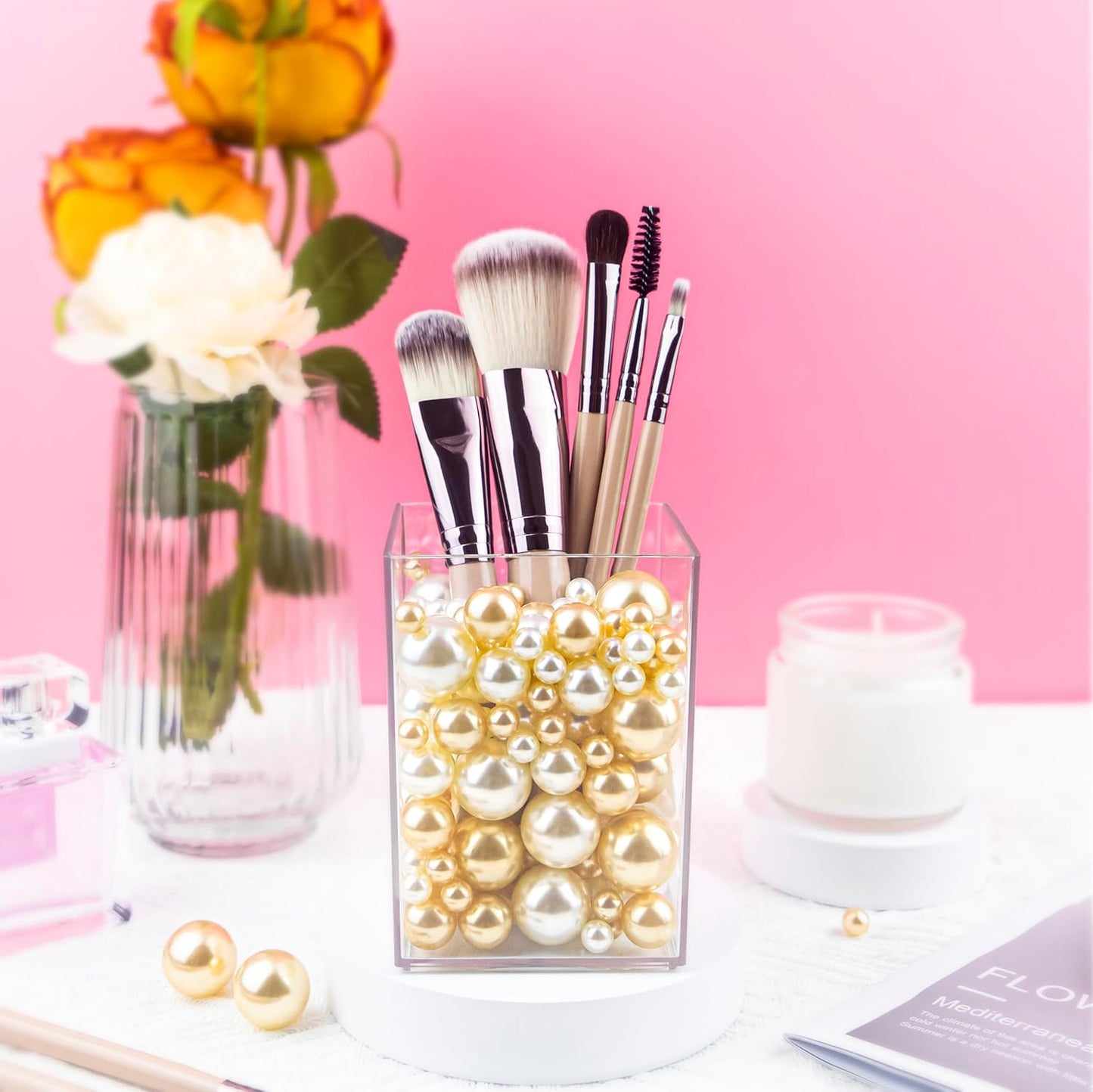 120 PCS 8/14/20mm No Hole Polish Pearl Beads for Centerpiece, Cream Gold Beads Decorative Vase Fillers, Plastics Pearls for Vases, Table Scatters, Wedding Party Decor