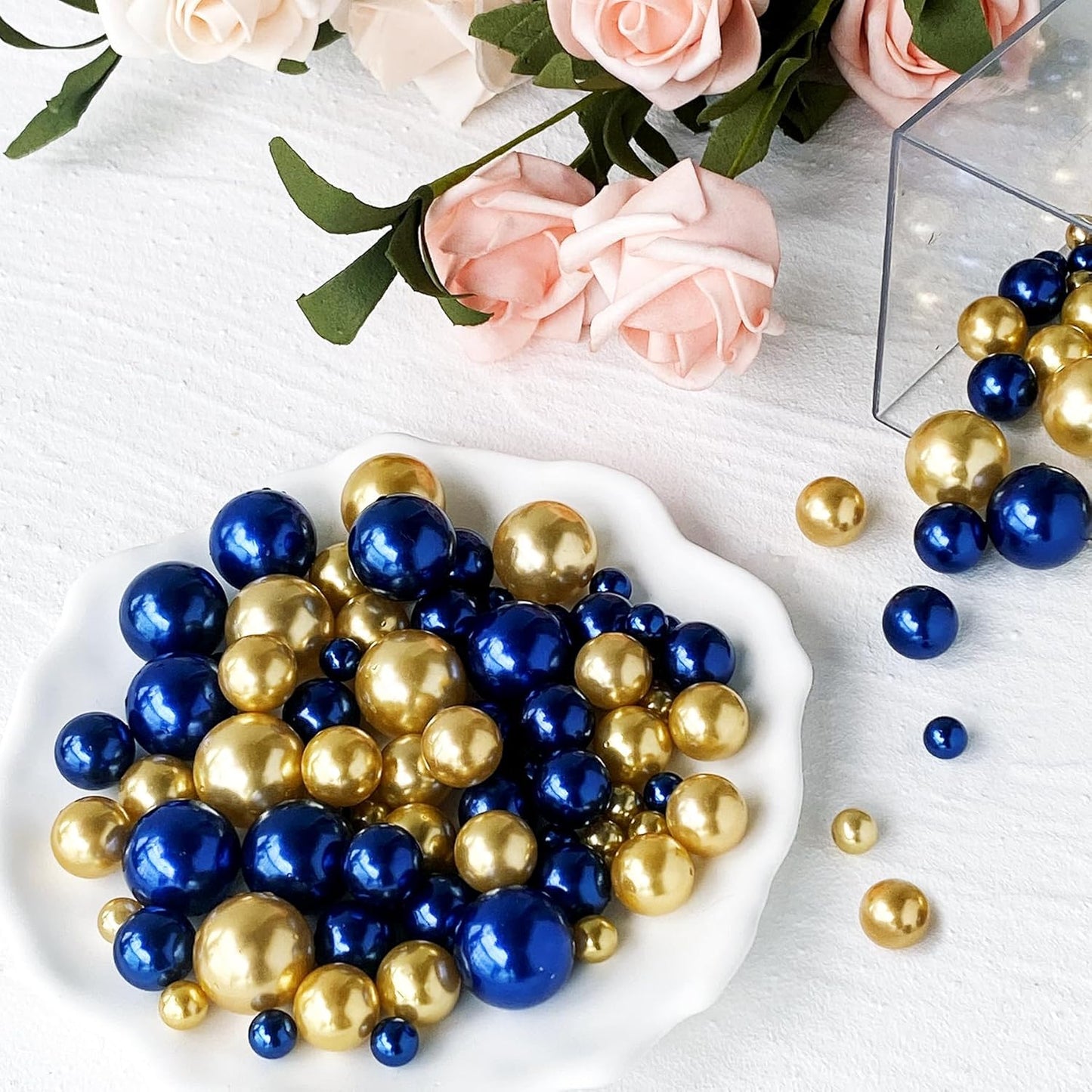 150Pcs Navy Blue&Gold Polished No Hole Faux Pearl Beads for Vase Filling Decorations, Plastic Pearls Vase Fillers, Table Scatters, Wedding Centerpiece, Home Decor, 8/14/20 mm