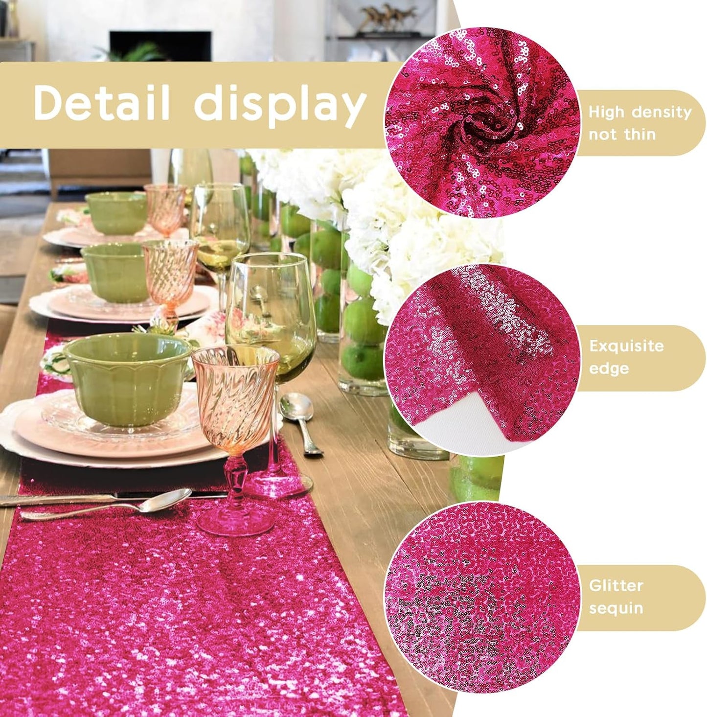2 Packs 12 x 72 inches Sequin Table Runner, Hot Pink Glitter Table Runner for Birthday Party Supplies Wedding Engagement Baby Shower Holiday Celebration Event Decorations