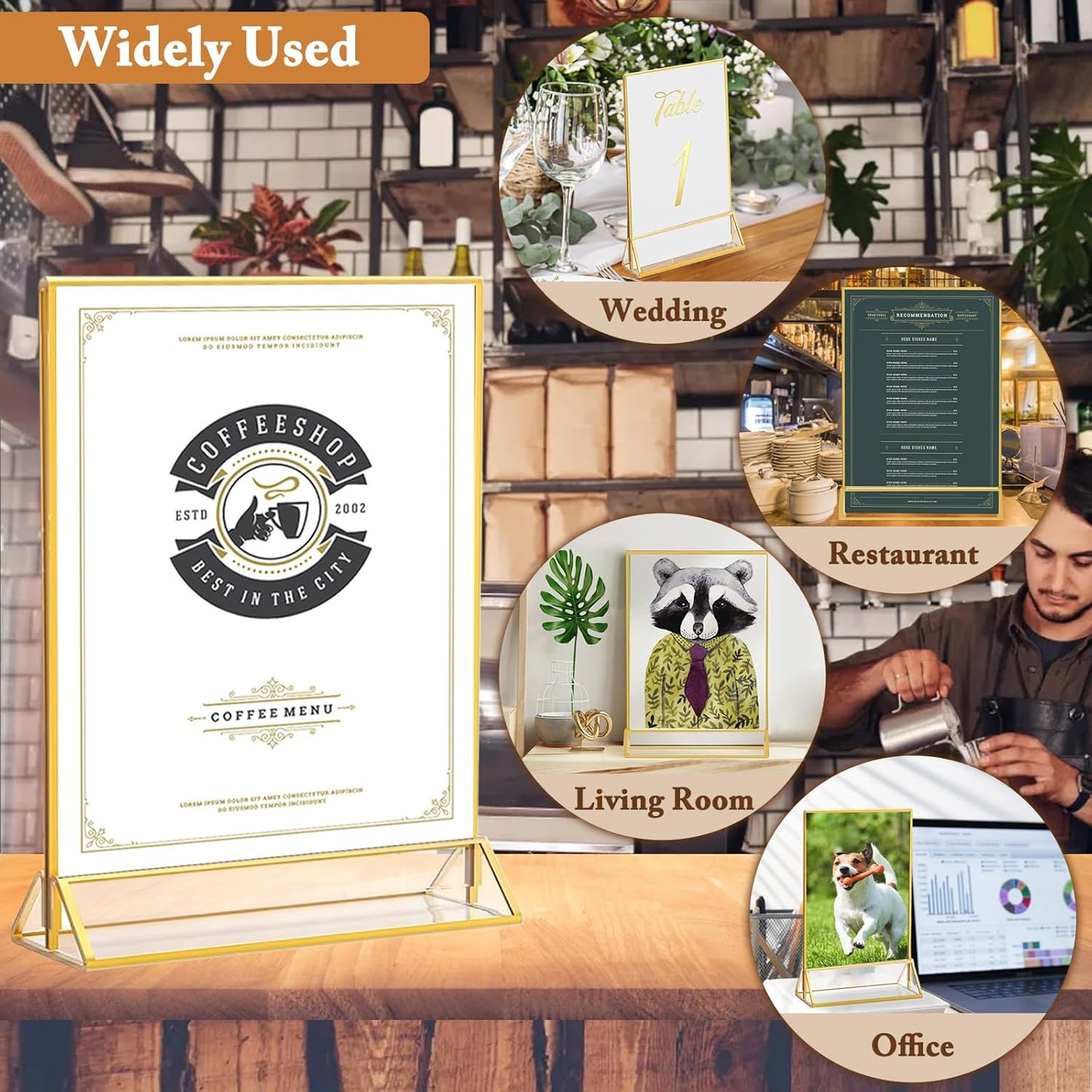 Floroom 6 Pack 8.5x11 Inch Clear Acrylic Sign Holders, Double-Sided Gold Display Stand Picture Frames for Table Numbers, Menus, Flyers, Weddings, and Offices