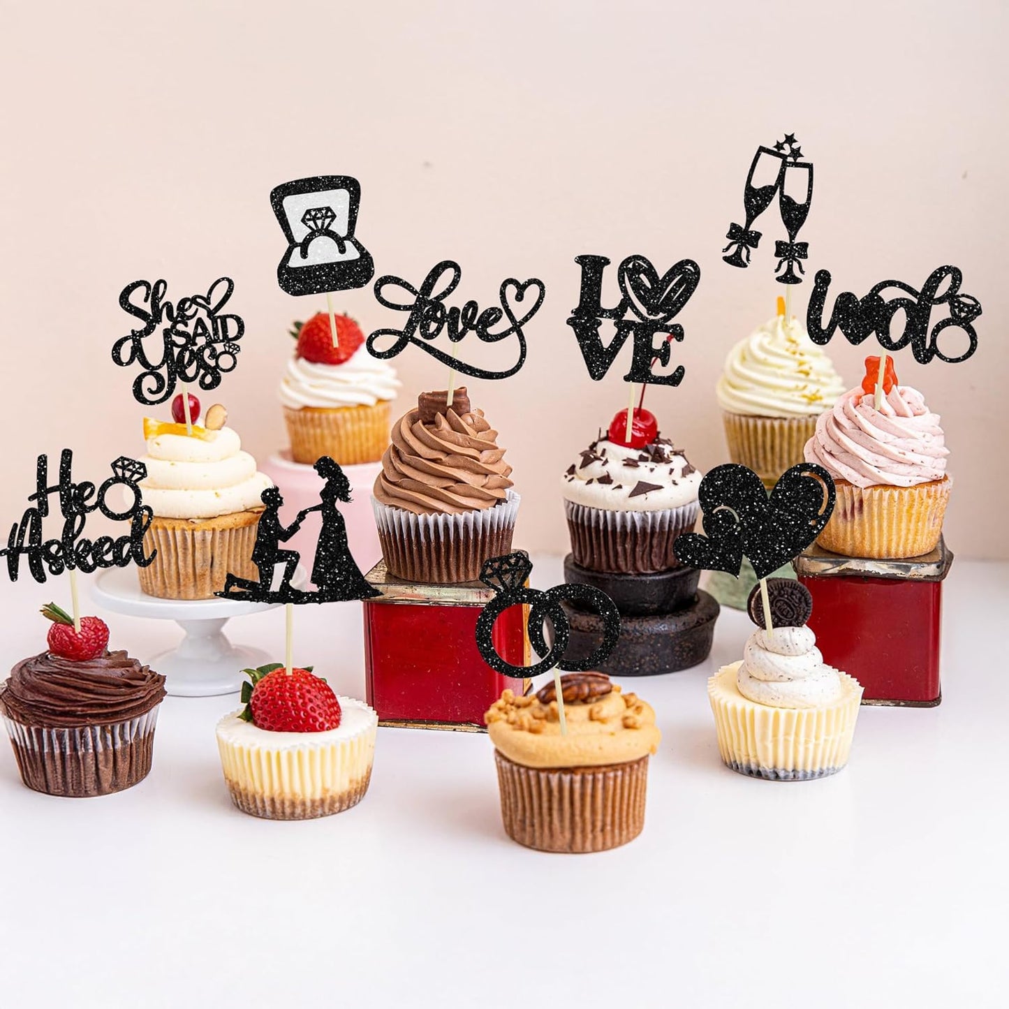 Ephlyn 30Pcs He Asked She Said Yes Cupcake Toppers Glitter Engagement Cupcake Toppers Diamond Ring Heart Love I Do Cupcake Picks for Engagement Wedding Party Cake Decorations Black