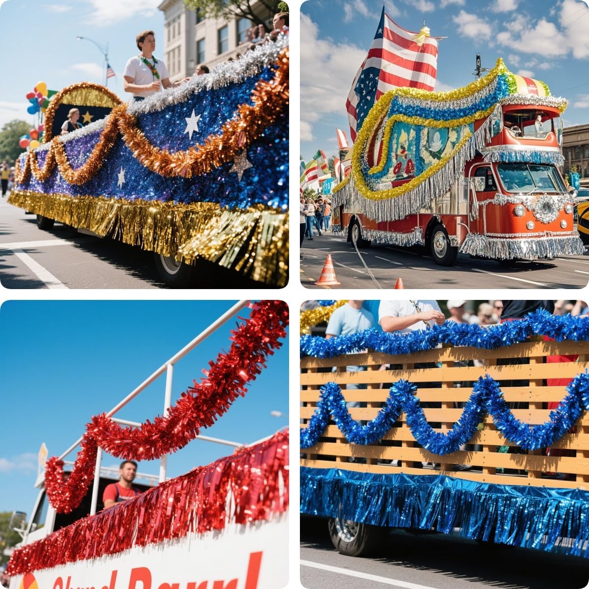 4 Pack Red Total 40 Feet Foil Fringe Garland Metallic Tinsel Banner Wall Hanging Drapes Parade Float Skirting Decorations for Trailer Mardi Gras Party Birthday Wedding Baby Shower