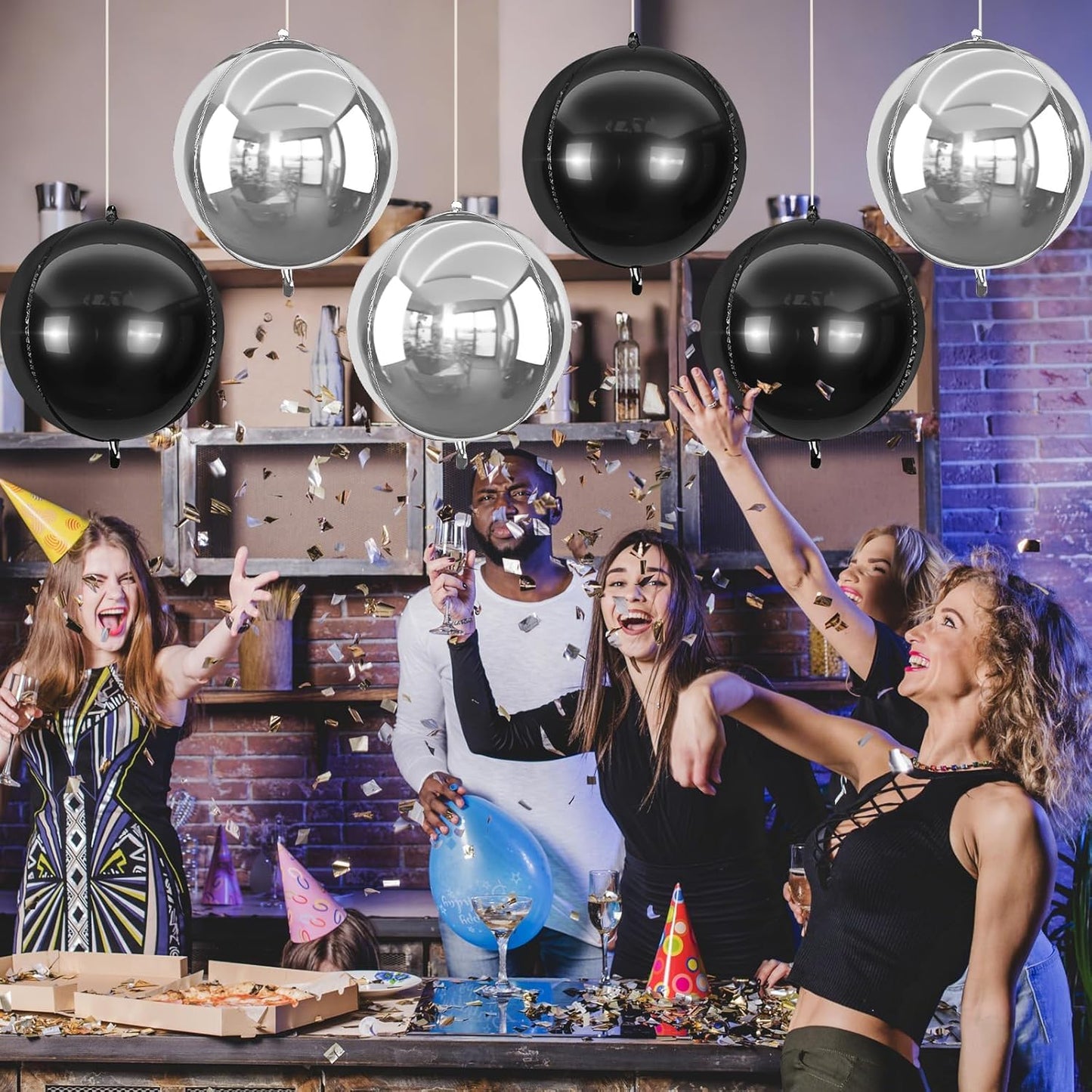 6Pcs Silver Black Round Foil Balloons,Giant 4D Round Ball Balloon,22 Inch Metallic Balloons for Birthday Wedding Graduation Prom Party Decorations