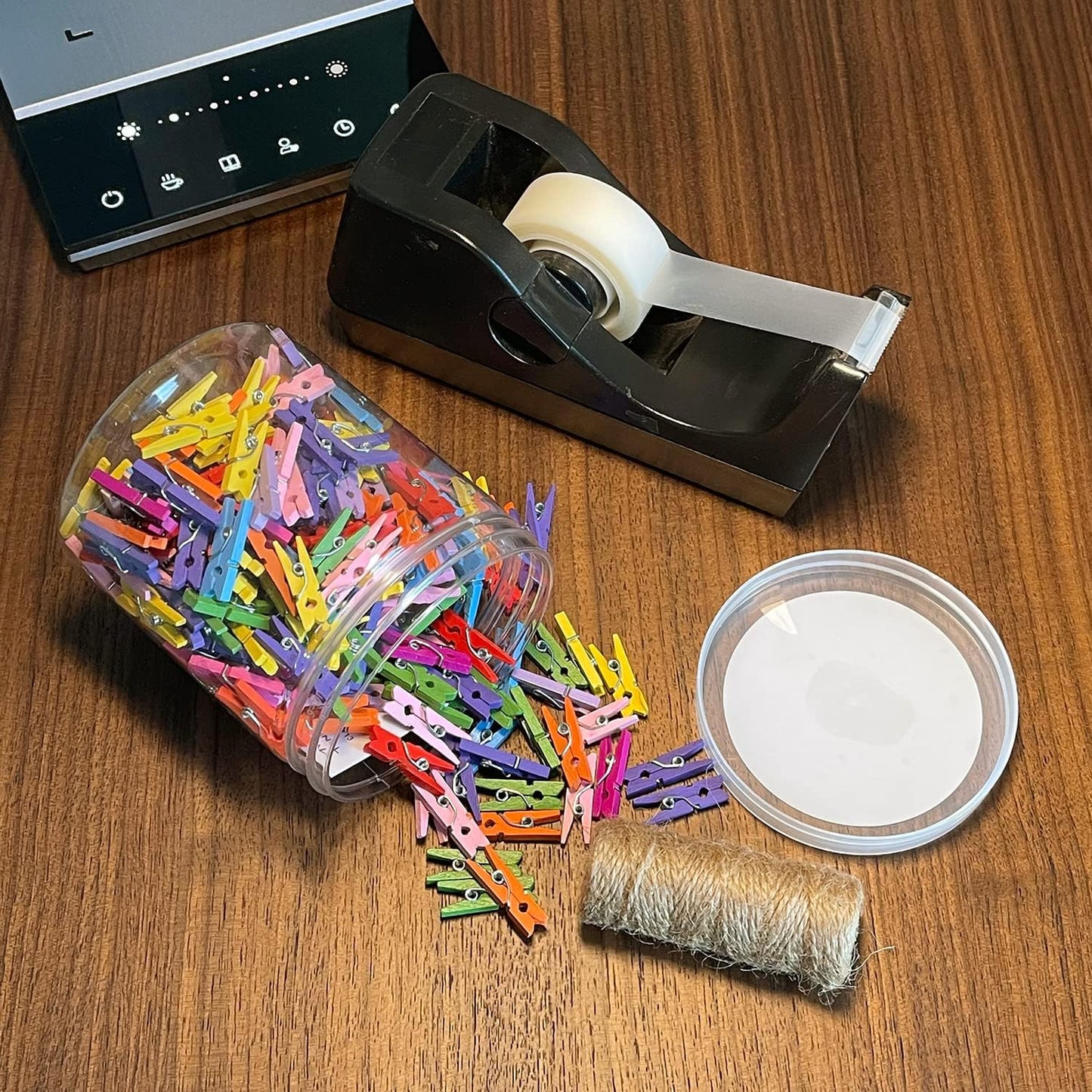 Mini Natural Wooden Clothespins with Jute Twine, 250pcs, 1 Inch Photo Paper Peg Pin Craft Clips with 66ft Natural Twine for Scrapbooking, Arts & Crafts, Hanging Photos (10 Colors)