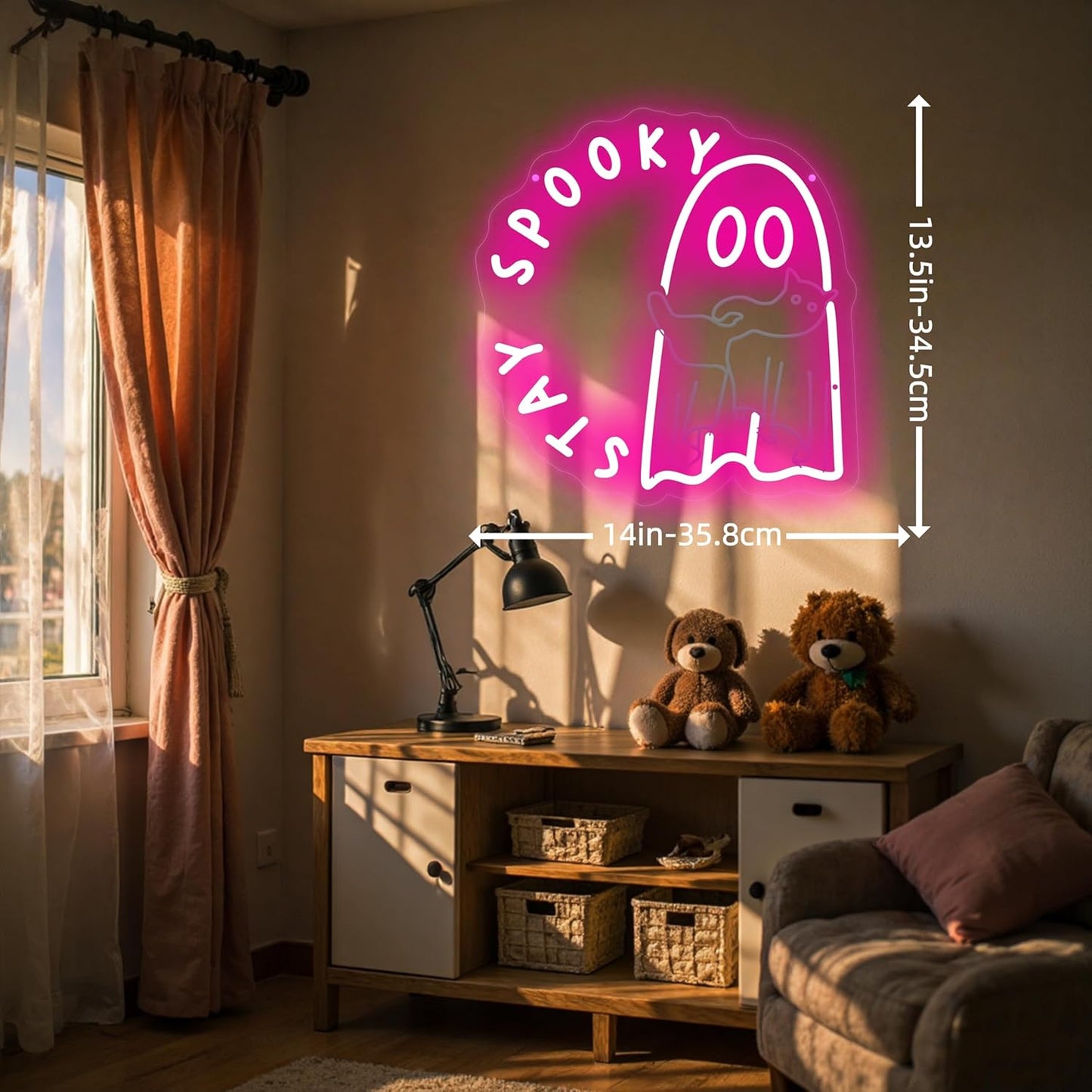 Halloween Ghost holding a cat Stay Spooky Neon Sign, Funny Halloween Party Wall Decor, Spooky Season Room Sign for Boo Wall Decor Neon Light for Bar Man Cave Home Yard Decoration Funny Spooky Vibes-Pink