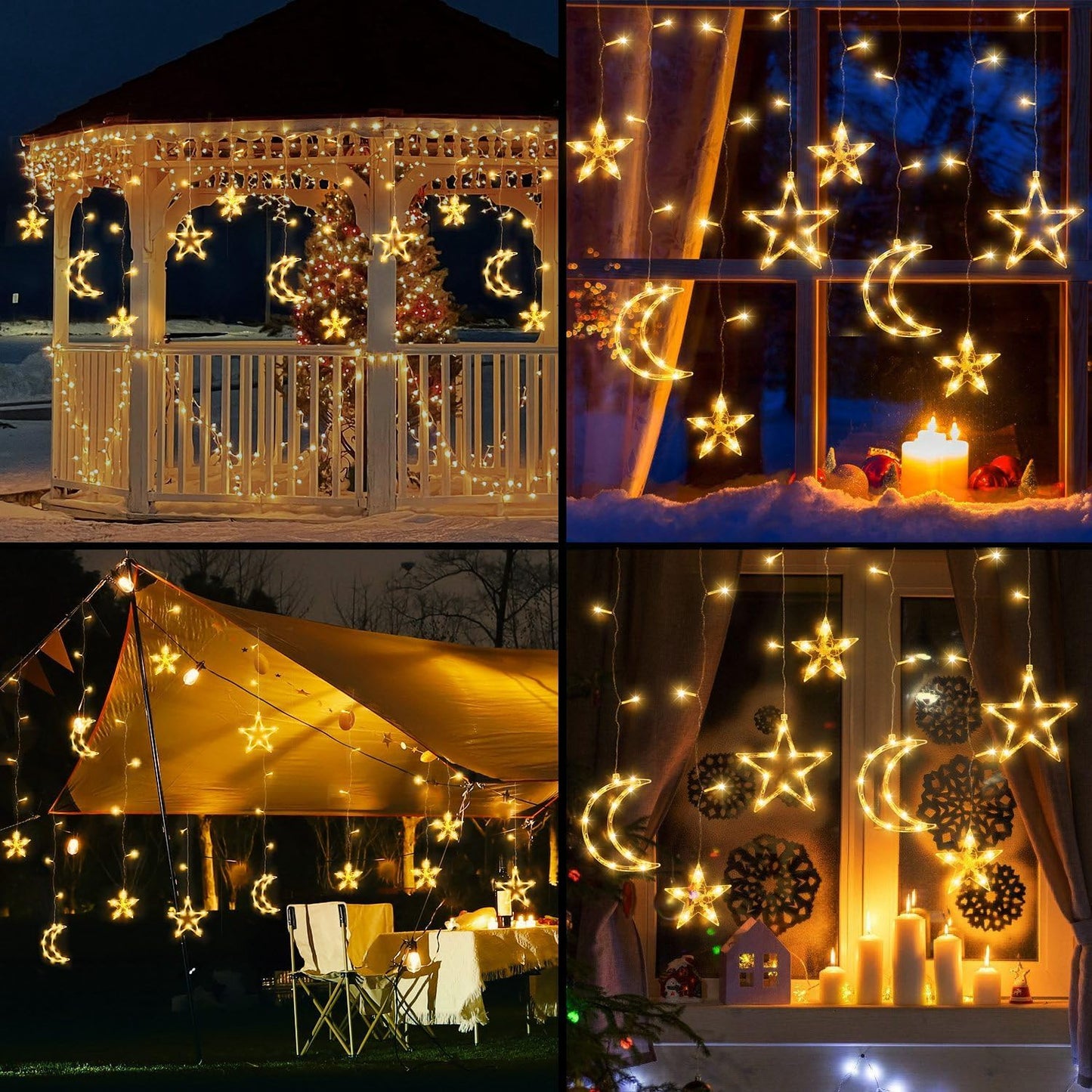 PUHONG Christmas Lights, 11.48FT Curtain String Lights with 8 Light Modes, Star Moon Indoor Outdoor Fairytale String Lights for Bedroom, Window, Wall, Home, Ramadan, Christmas Decoration - Warm White