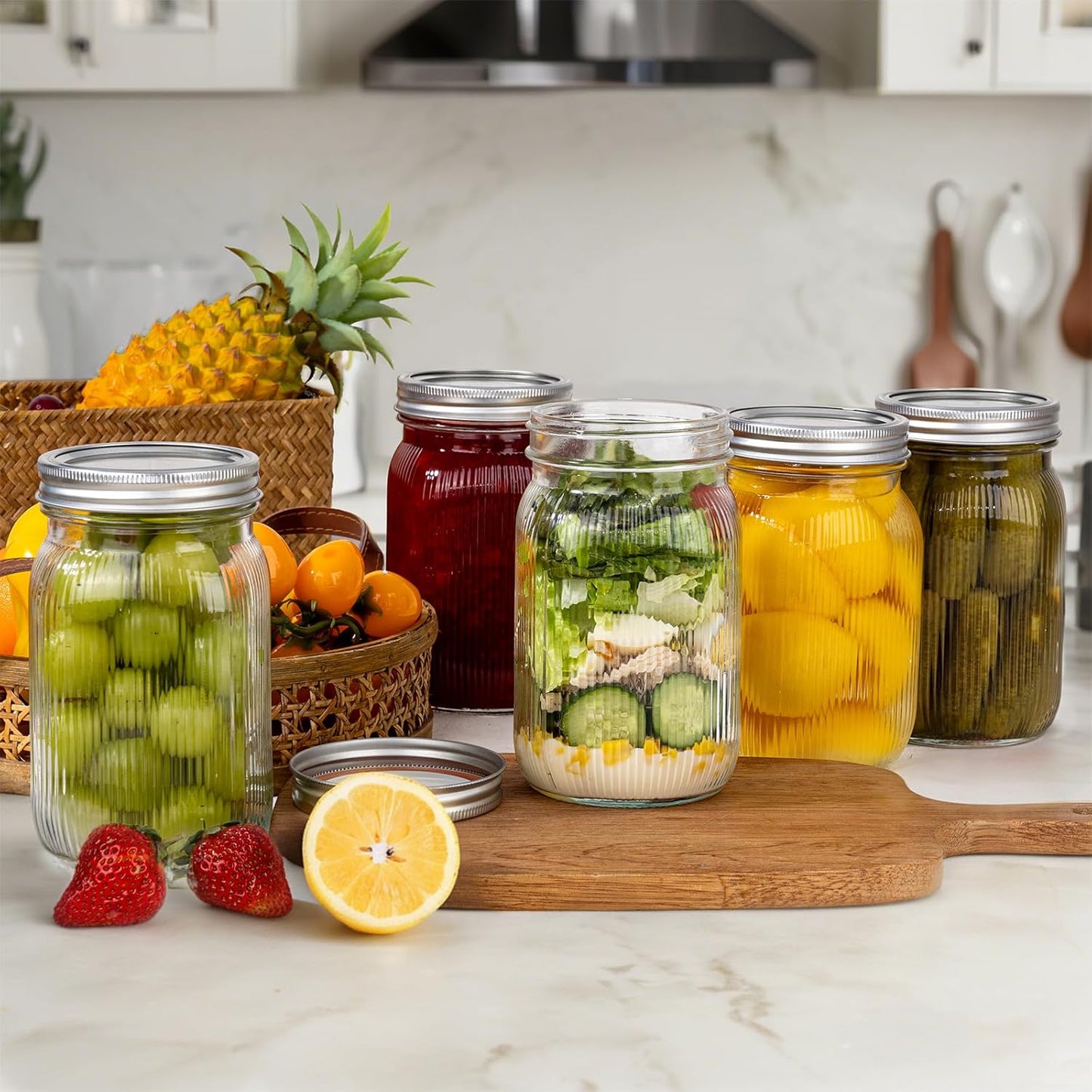 WELLIFE Large Mason Jars,4 Pcs Wide Mouth Mason Jars 32 Oz for Food Storage, Overnight Oats,Honey,Sauces,Meal Prep,Salad,Yogurt