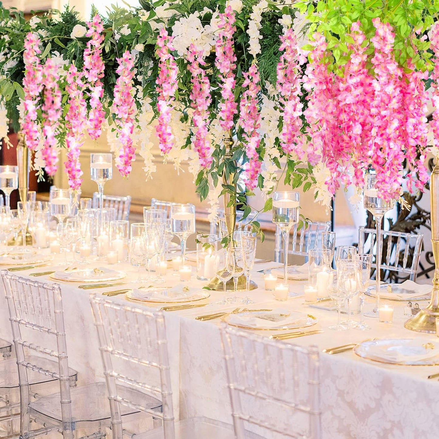 24 Pack Artificial Fake Wisteria Vine Ratta (3.75 Feet) Hanging Garland Silk Flowers String Home Party Wedding Decor (Deep Pink)