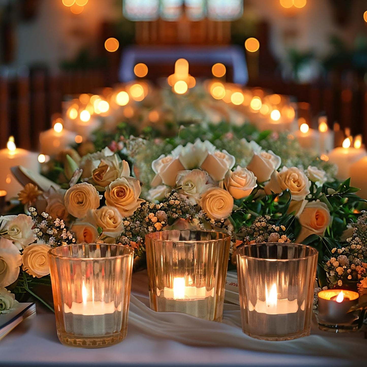 ComSaf Votive Candle Holders, 12 PCS Glass Candle Holders, Ribbed Tealight Candle Holder for Table Centerpieces, Gold Candle Holder for Wedding, Party, Baby Shower, Special Occasions, Fall Home Decor