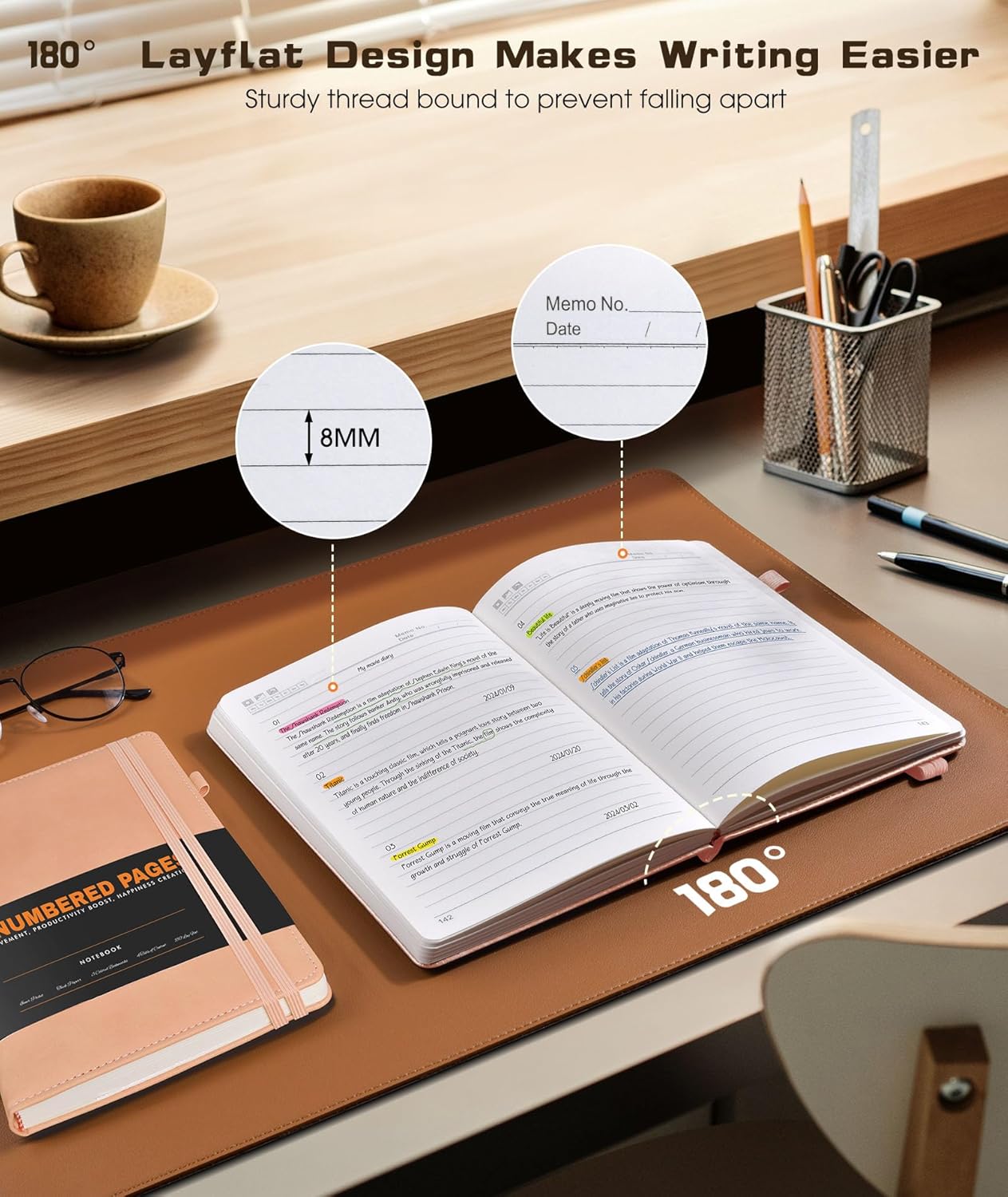 Lined Journal Notebook for Women Men, 256 Numbered Pages Hardcover Leather Journals for Writing, A5 Journaling Notebooks, College Ruled Journal for Business Work School Note Taking 5.75" x 8.38" Pink