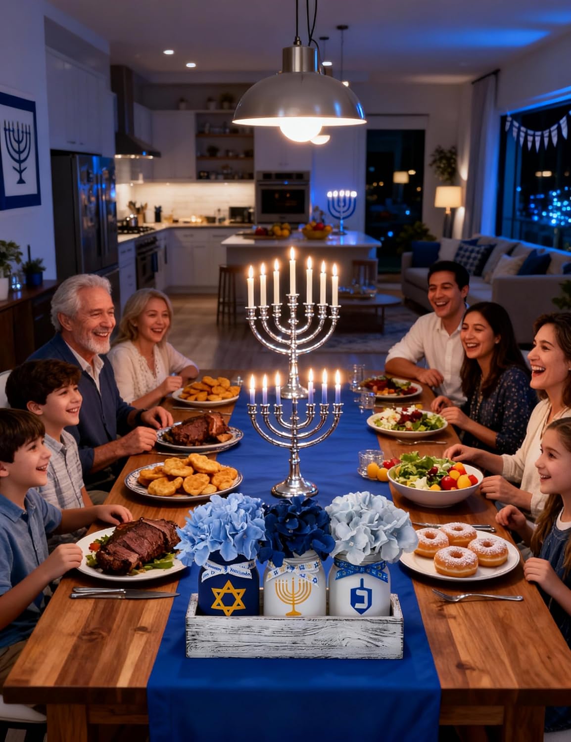 Hanukkah Decorations for Home, Chanukah Table Decor with Mason Jars, Hydrangea, Wood Tray, Hanukkah Gifts Table Centerpieces, 25 Pcs Chanukah Decorations Indoor for Living Room Bedroom