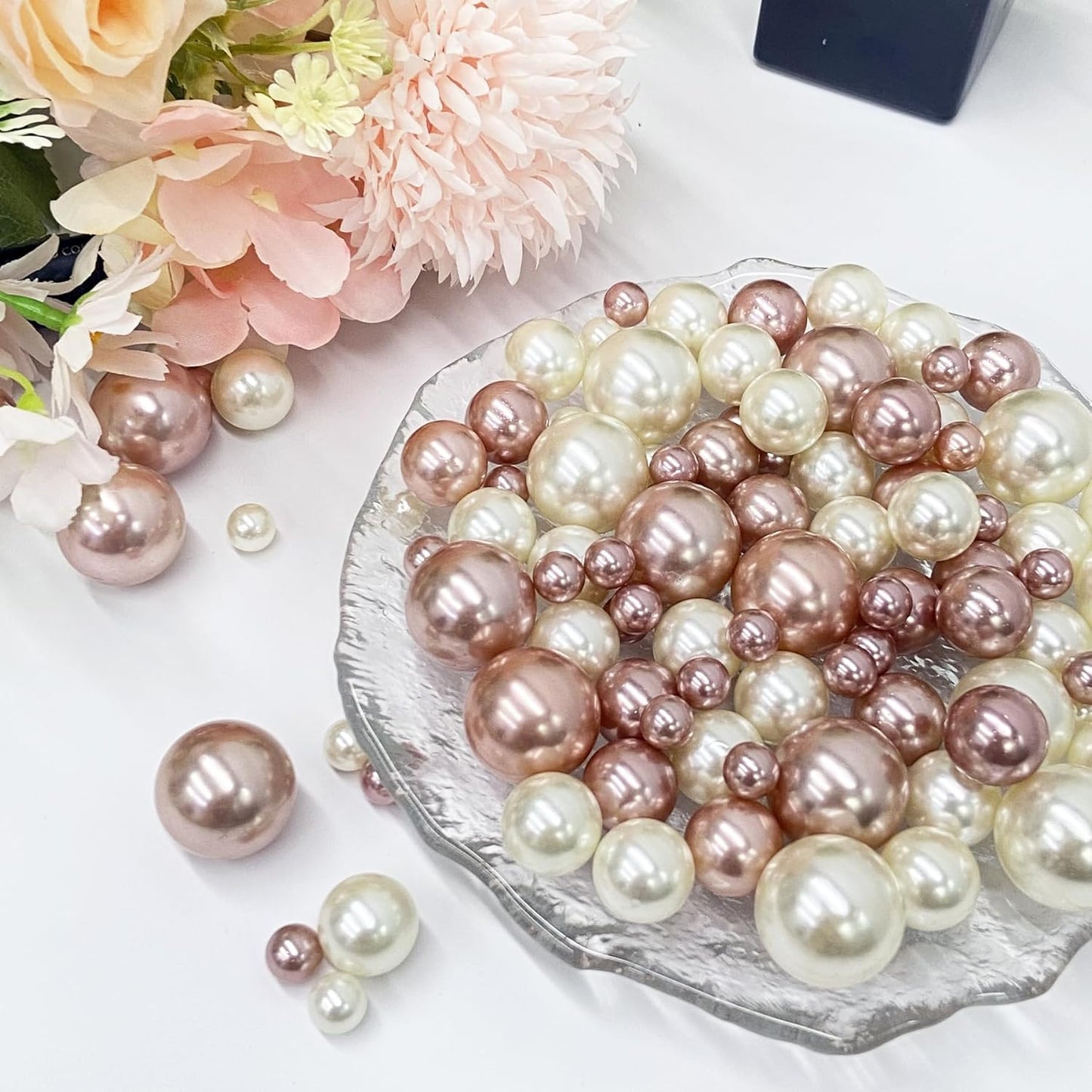 150Pcs Cream&Rose Gold Polished No Hole Faux Pearl Beads for Vase Filling Decorations, Plastic Pearls Vase Fillers, Table Scatters, Wedding Centerpiece, Home Decor, 8/14/20 mm