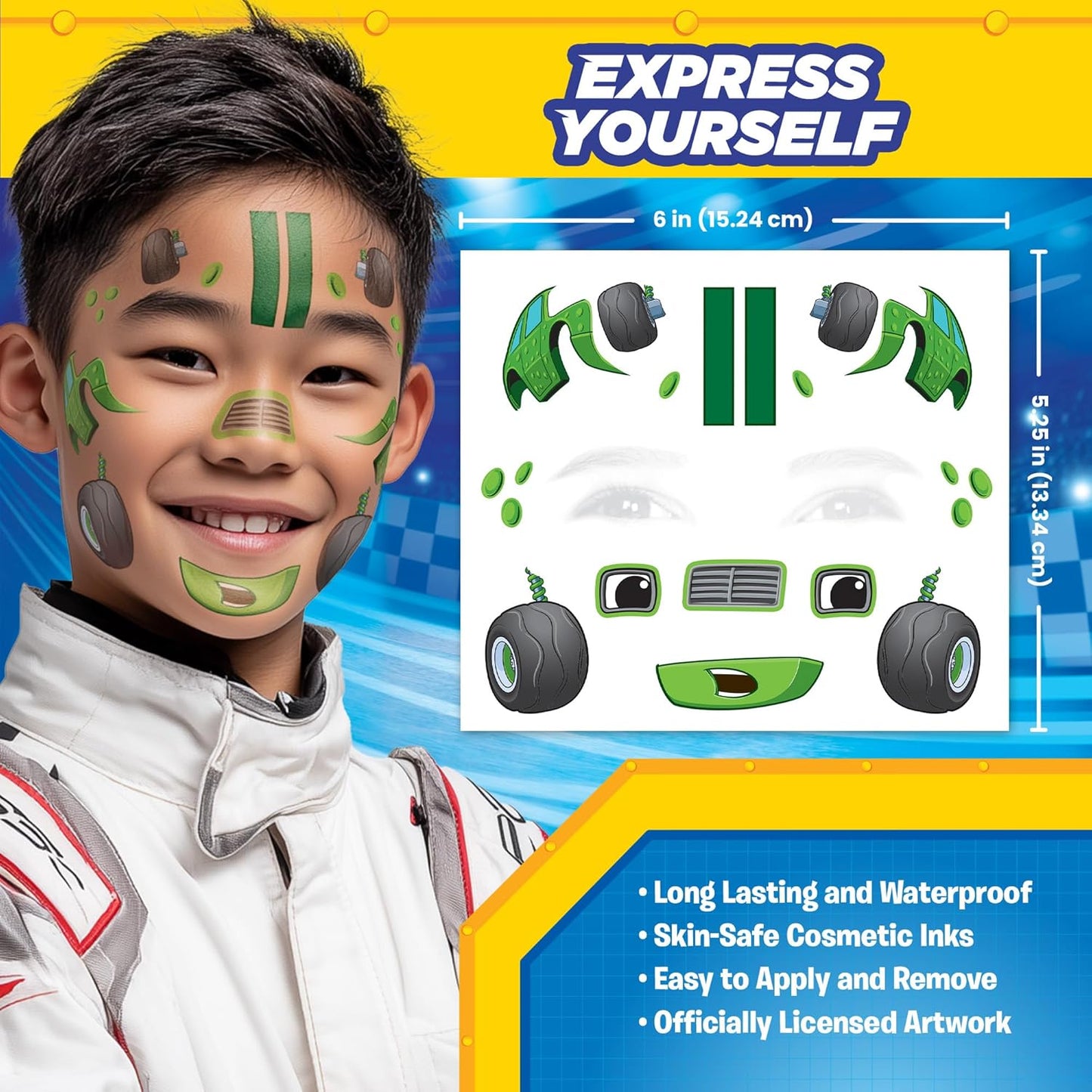 Blaze Costume Face Temporary Tattoos – Kids Temporary Tattoo Set Featuring Blaze and the Monster Machines, Easy Halloween Costume Accessory, Non-Toxic & Skin-Safe