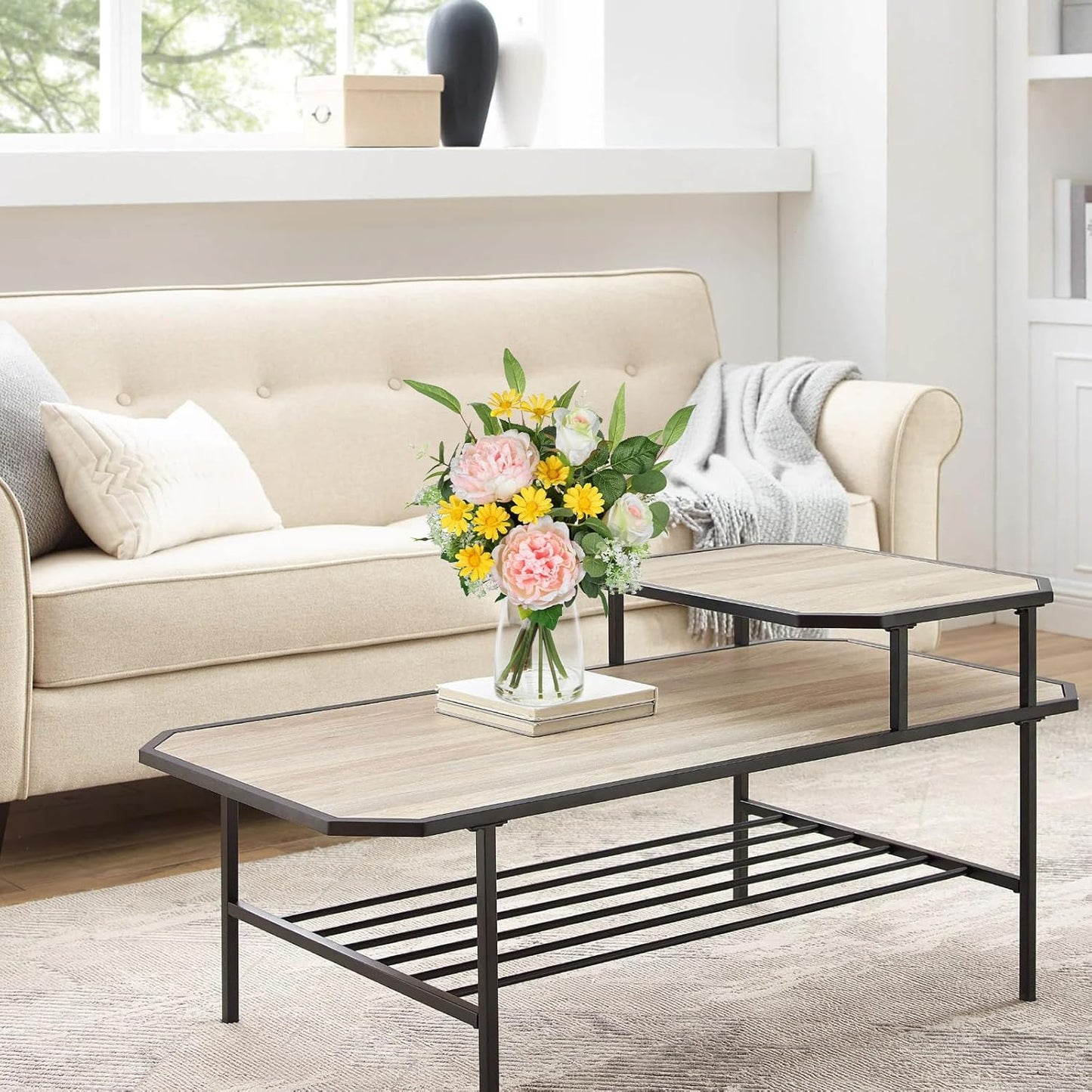 Briful Artificial Flowers in Vase, Mixed White Rose Pink Peony Yellow Daisy and Greenery Leaf Floral Arrangements, Fake Flowers in Glass Vase with Faux Water, Home Wedding Patio Centerpiece Decor