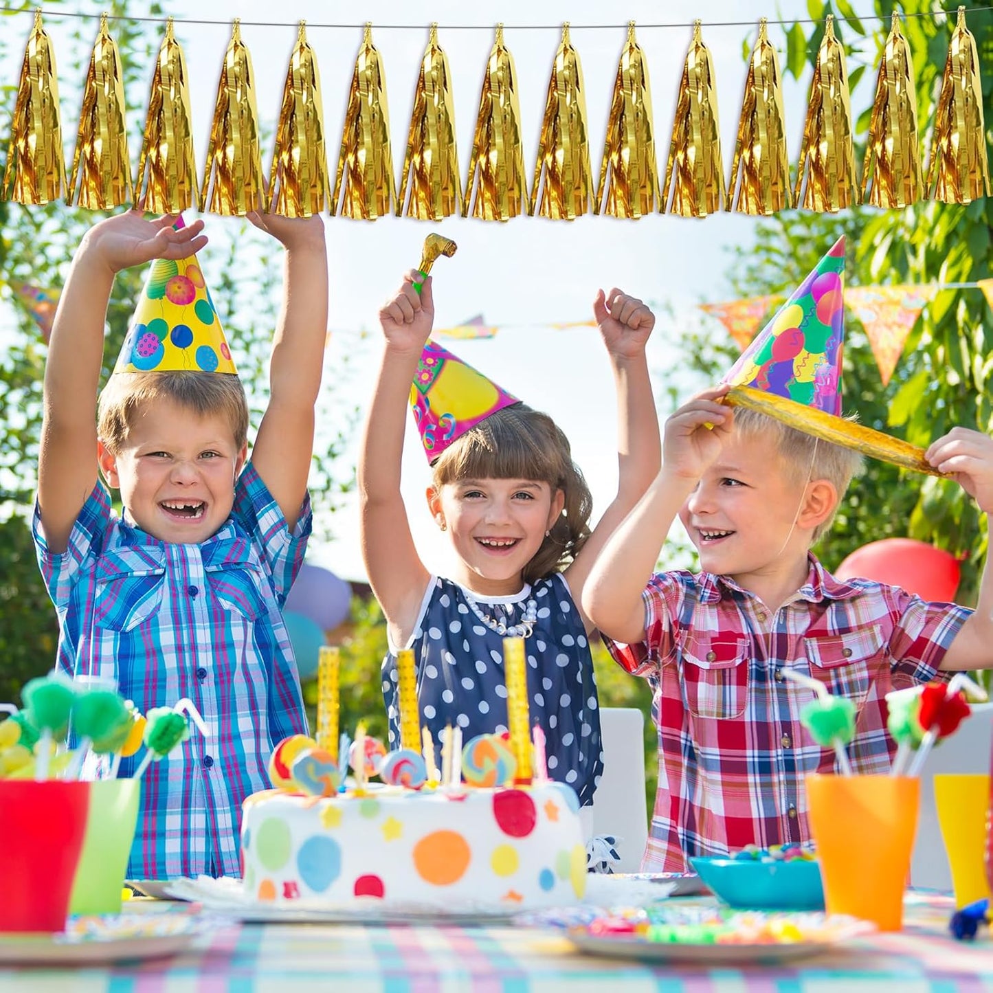 8P Gold Foil Fringe Metallic Tassel Streamers Banner Tassel Garland for Parade Floats, Bachelorette, Wedding, Birthday, Halloween, Christmas, Bridal/Baby Shower Party Decorations