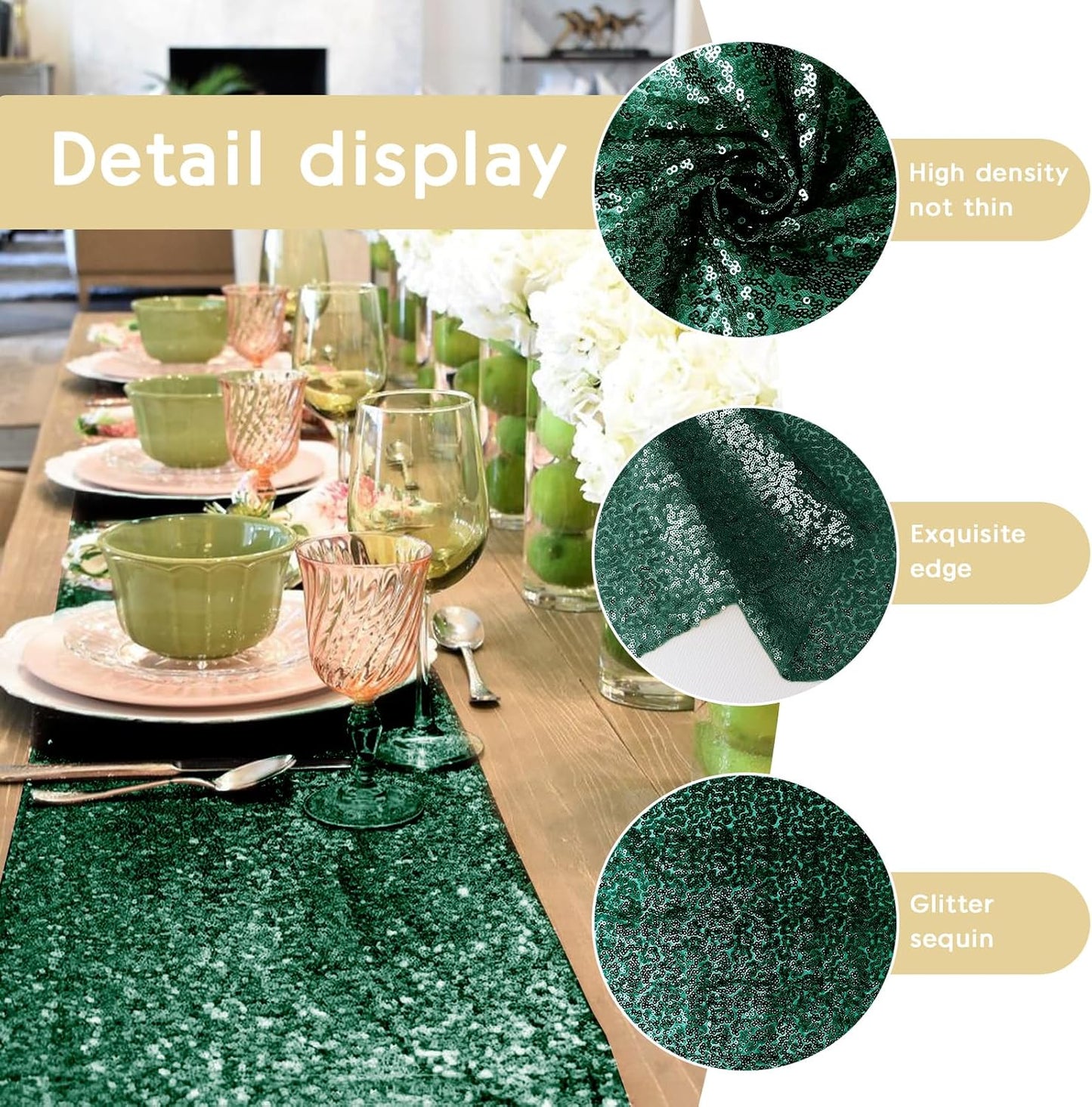 2 Packs 12 x 72 inches Sequin Table Runner, Hunter Green Glitter Table Runner for Birthday Party Supplies Wedding Engagement Baby Shower Holiday Celebration Event Decorations