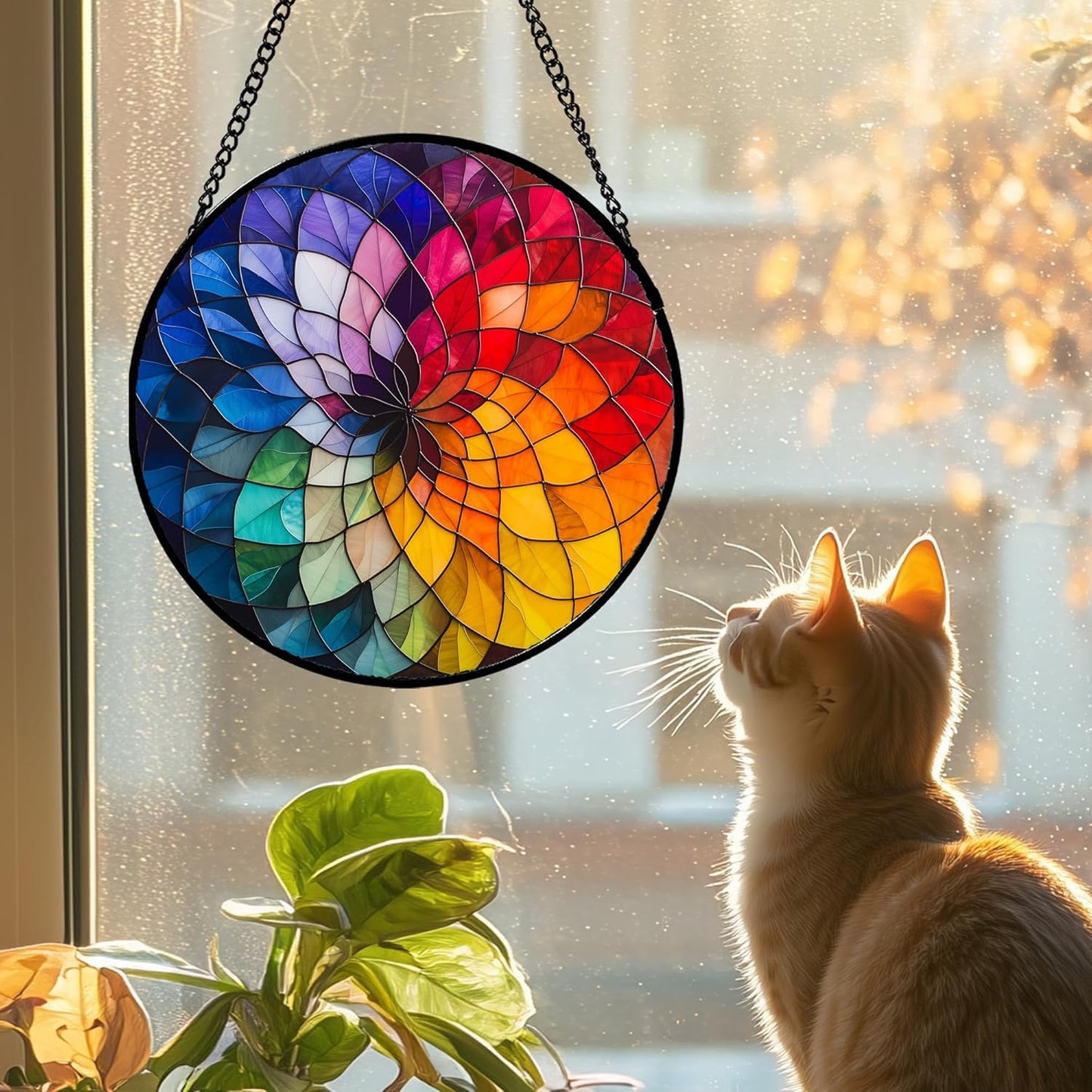 Stained Glass Window Hanging - Colorful Flowers Sun Catcher for Door Terrace Garden Home Decor, Abstract Gradient Suncatcher Birthday Gifts for Lovers Women Men Dad Mom Nana 9.8 in