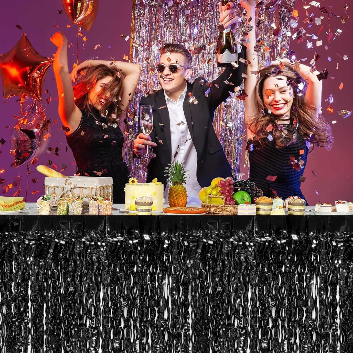 4P Wavy Metallic Tinsel Foil Fringe Table Skirts for Rectangle Tables Backdrop Garland Curtains for Parade Floats Wedding Birthday Parties Decoration Graduation 2025 Christmas (Black)