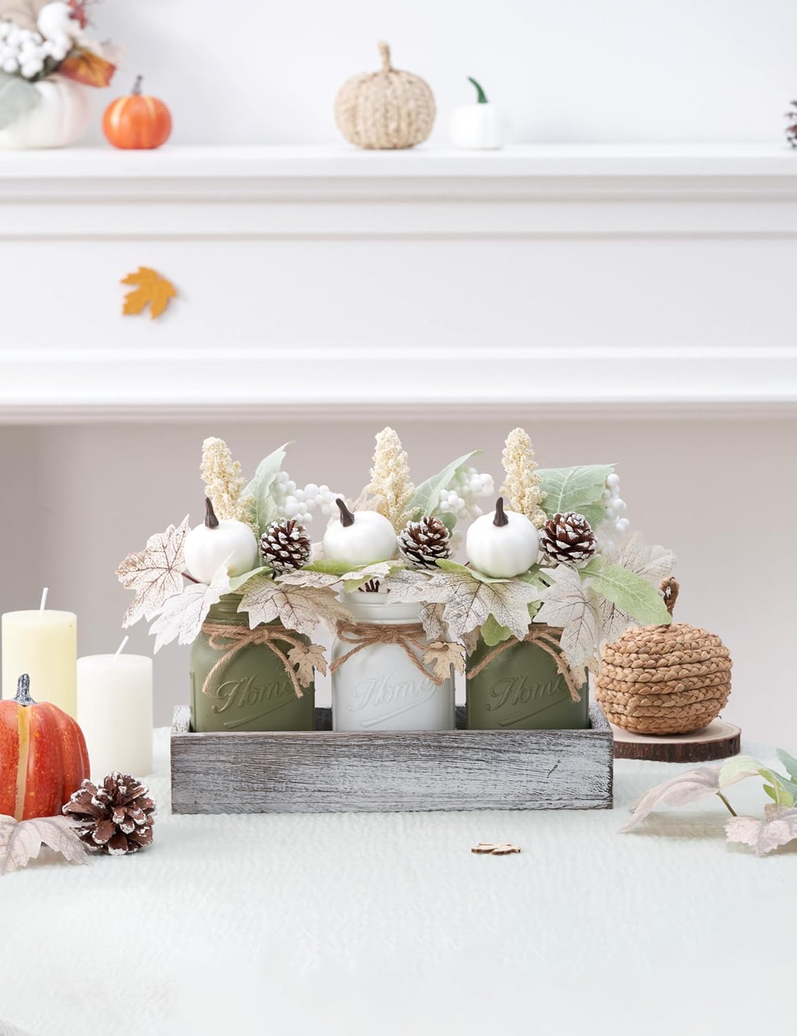 Fall Thanksgiving Table Decor, Centerpieces for Tables with Mason Jar, Fake Flowers, Wood Tray, 16 Pcs Pumpkin Fall Thanksgiving Centerpieces Table Decorations for Home, Farmhouse Kitchen Decor