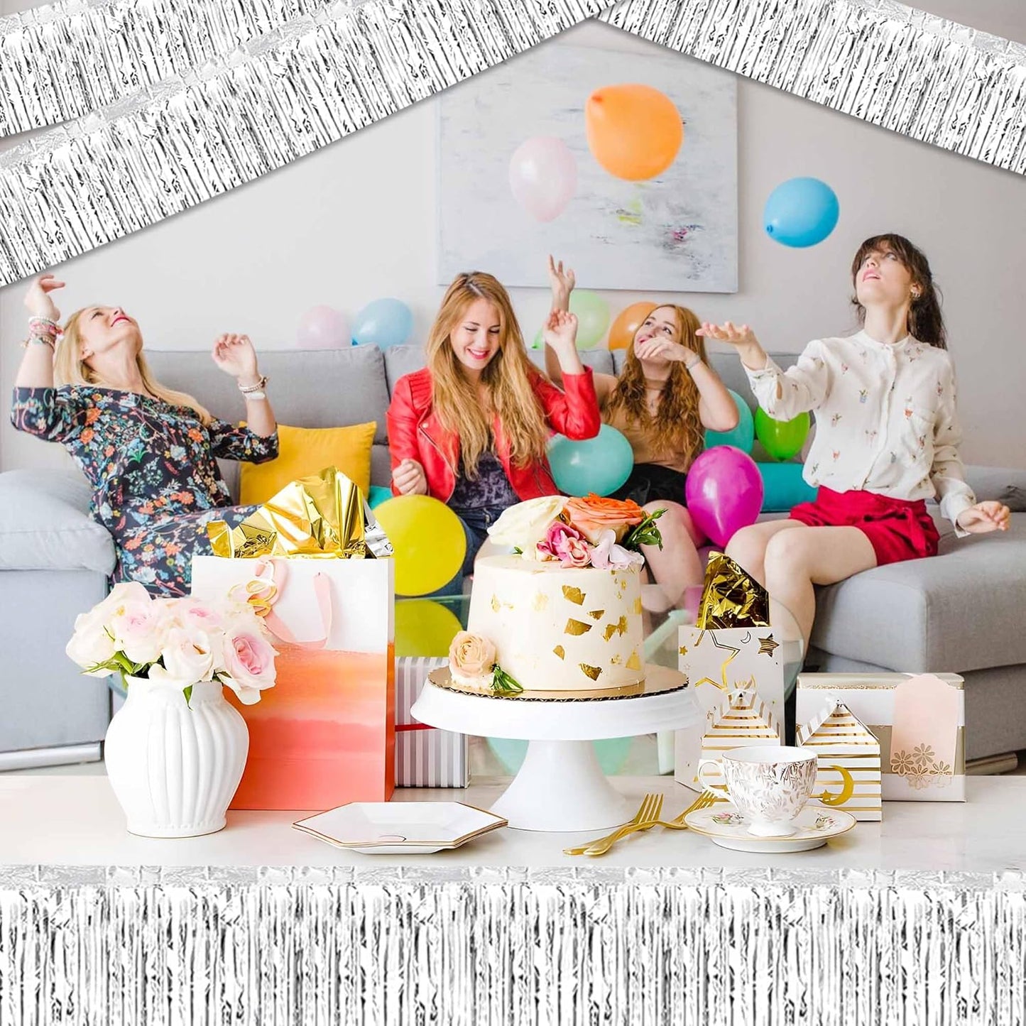 6 Pack 10 Ft Silver Foil Fringe Garland Metallic Streamers Tinsel Banner Wall Hanging Garland Backdrop for Parade Floats, Halloween, Christmas, Thanksgiving, New Year Party Decorations