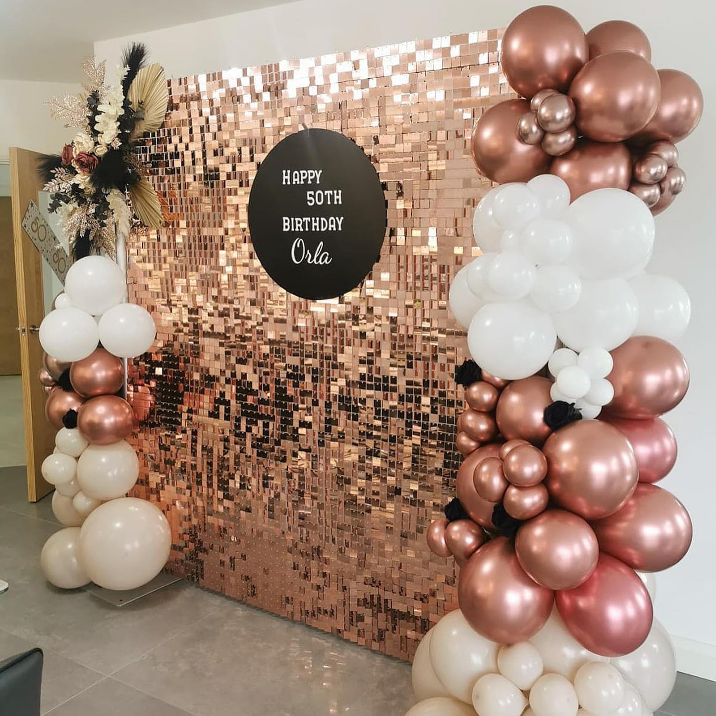 Qcity Rose Gold Shimmer Wall Backdrop 36PCS, Black Back Not See-Through Design, Square Sequin Glitter Backdrop Panel, Perfect for Outdoor Events, Birthdays, Wedding and Party Decoration