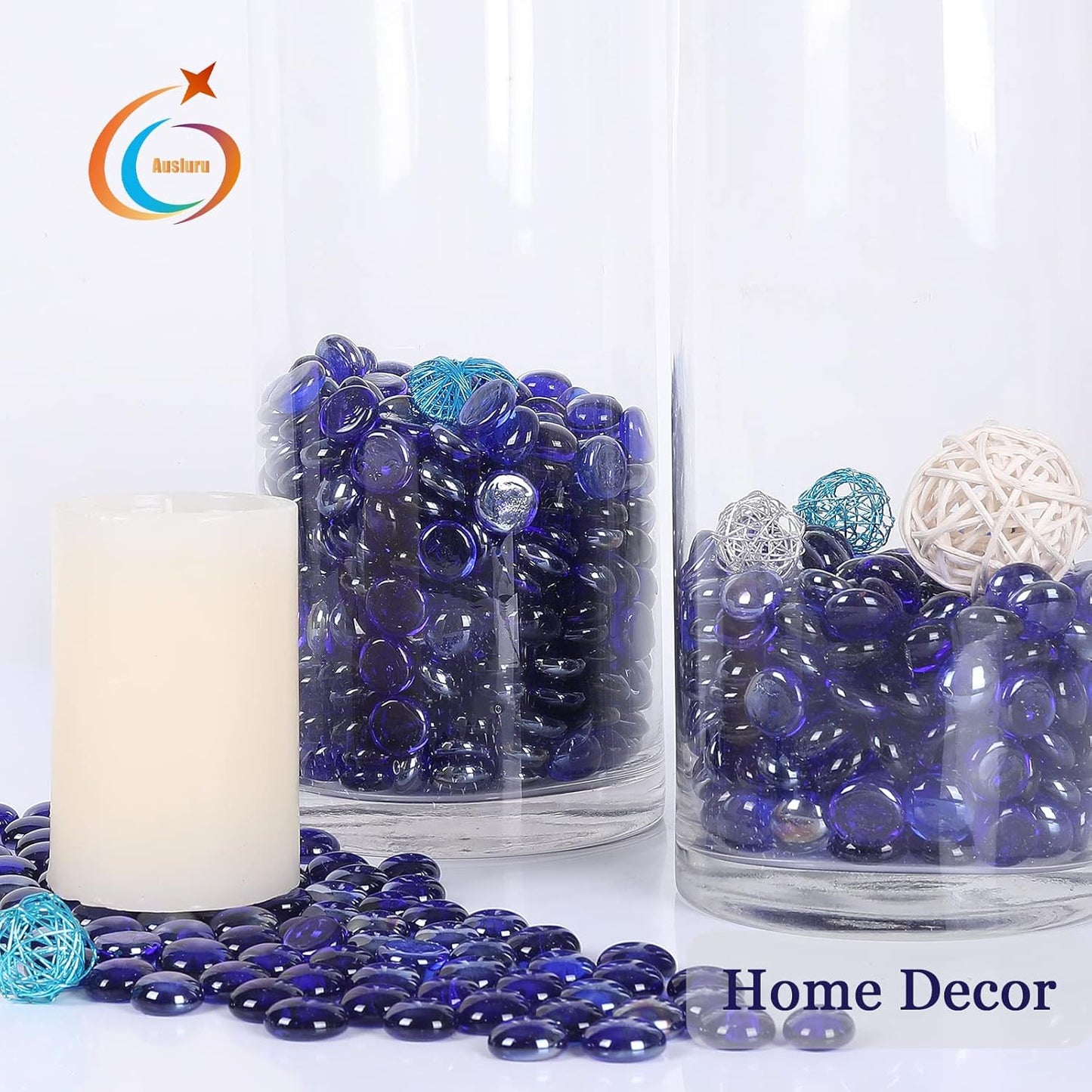 5LB Fire Glass Beads Flat Glass Marbles for Outdoor Fire Pit and Fireplace, Glass Gemstones for Vase Filler, Aquariums, Hydroponics Plants, Home Decor and Christmas DIY Craft, Cobalt