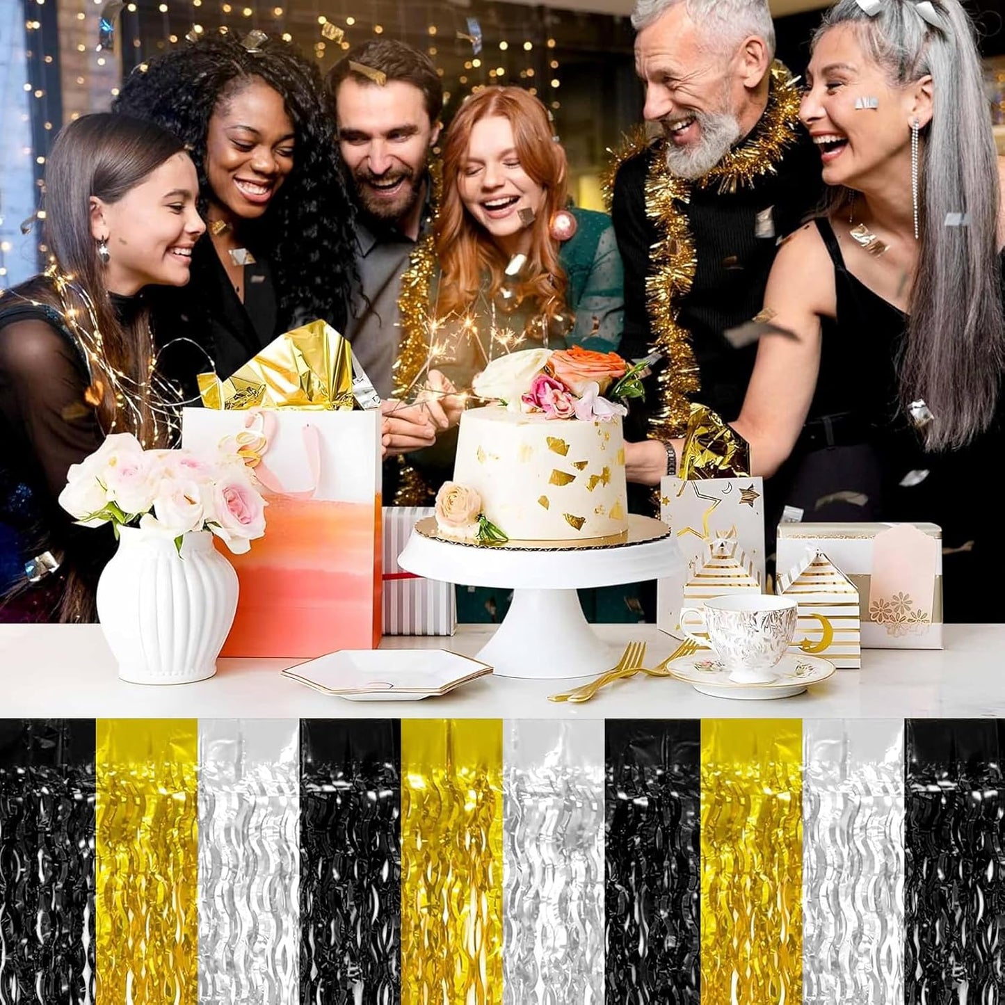 4P Wavy Metallic Tinsel Foil Fringe Table Skirts for Rectangle Tables Backdrop Garland Curtains for Parade Floats Wedding Birthday Parties Decoration Graduation 2025 Christmas (Black Gold Silver)
